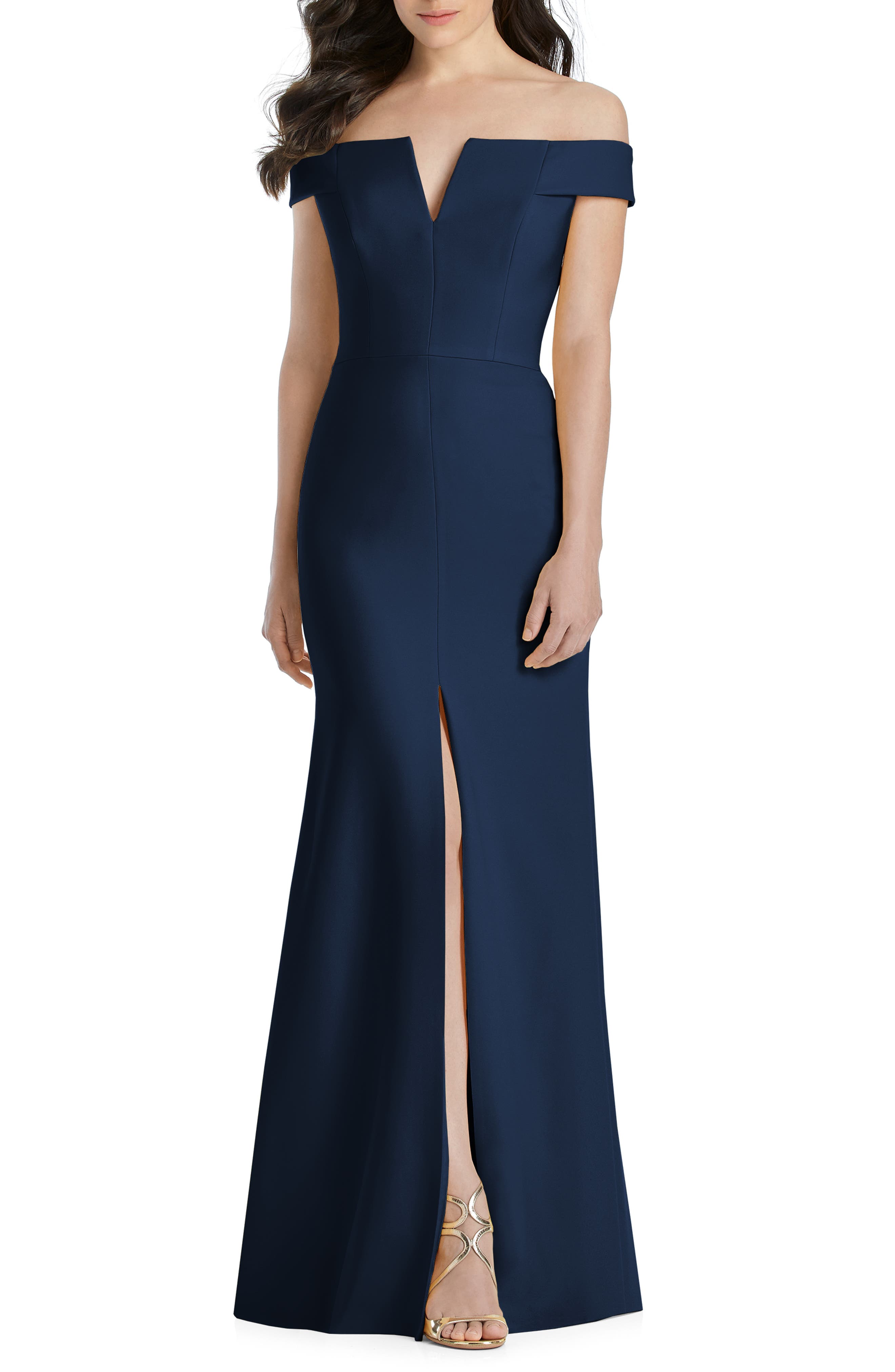 Dessy Collection Notched Off The Shoulder Crepe Gown, Blue
