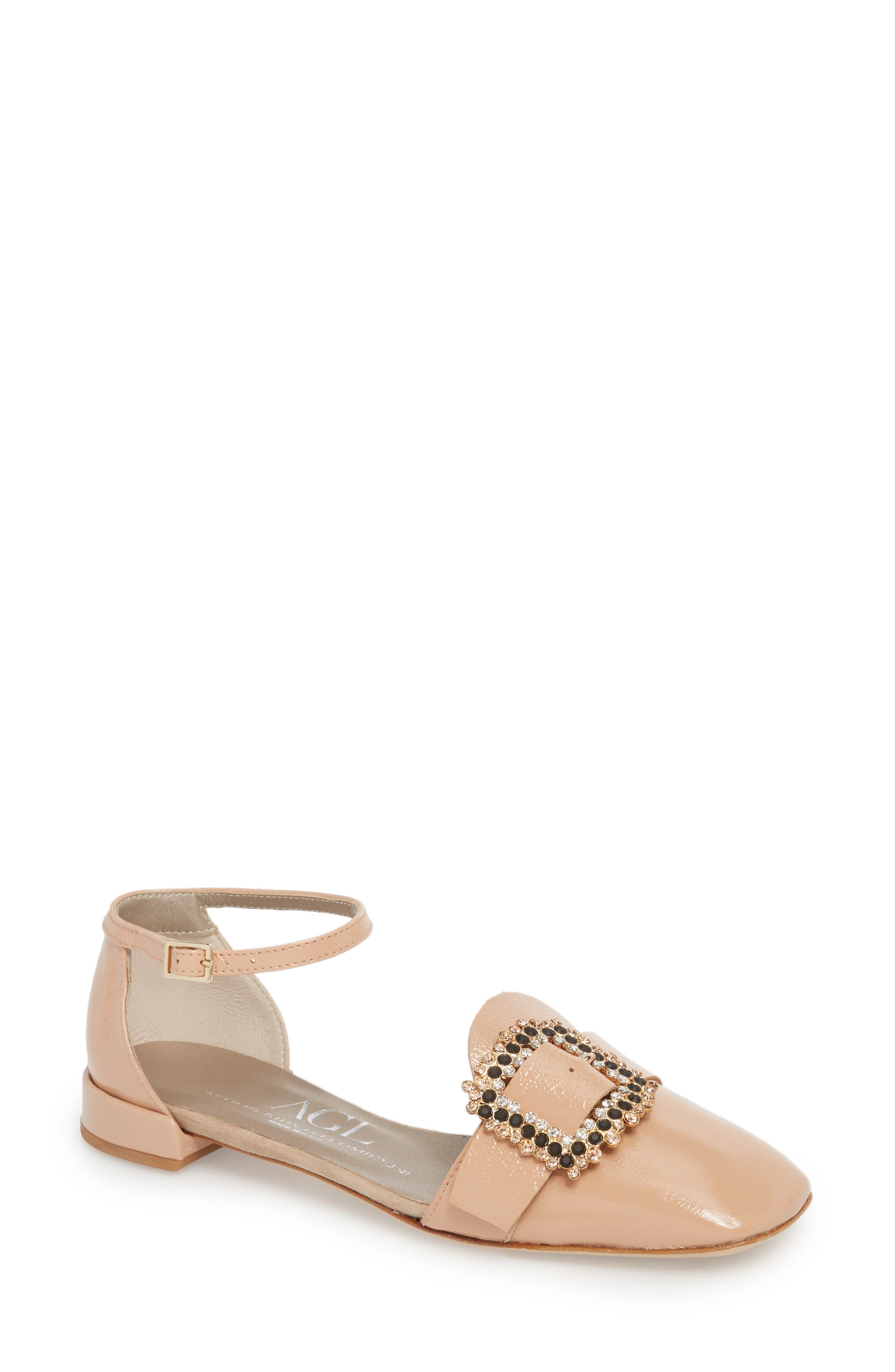 Agl Ornament Ankle Strap Flat, Beige
