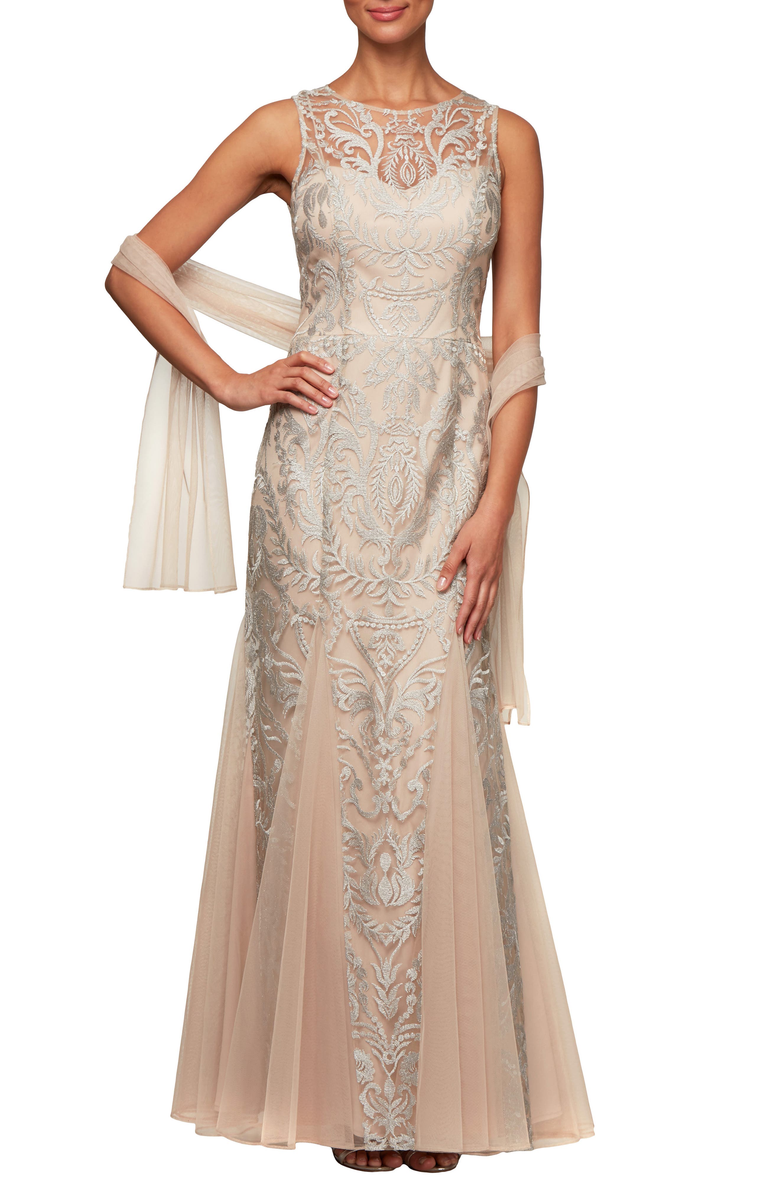 Petite Alex Evenings Embroidered Illusion Mesh Evening Dress With Wrap, Beige