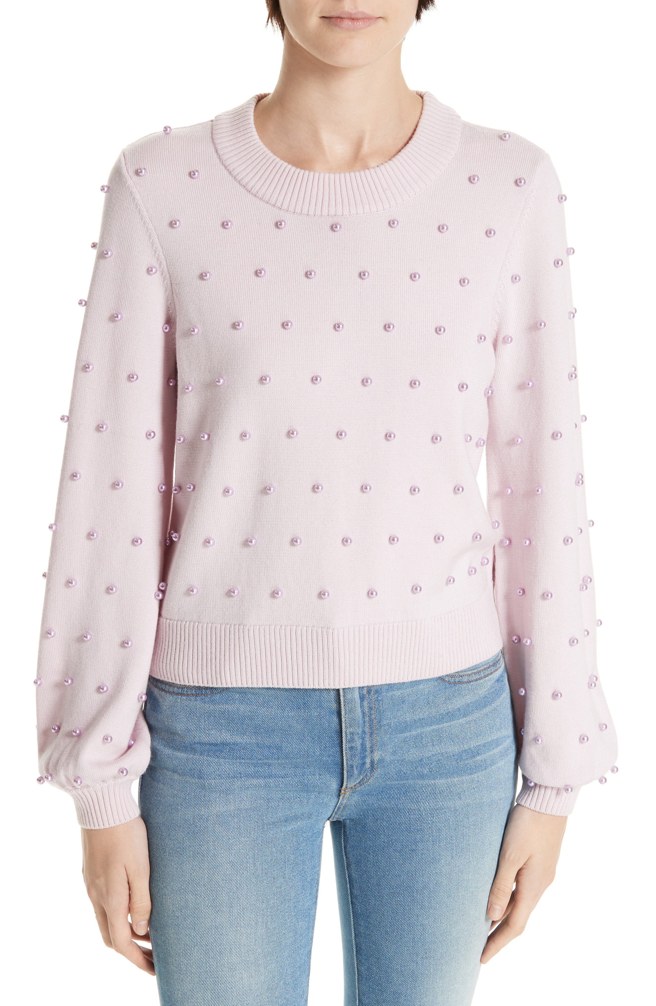 Milly Imitation Pearl Embellished Wool Sweater, Size Petite - Pink