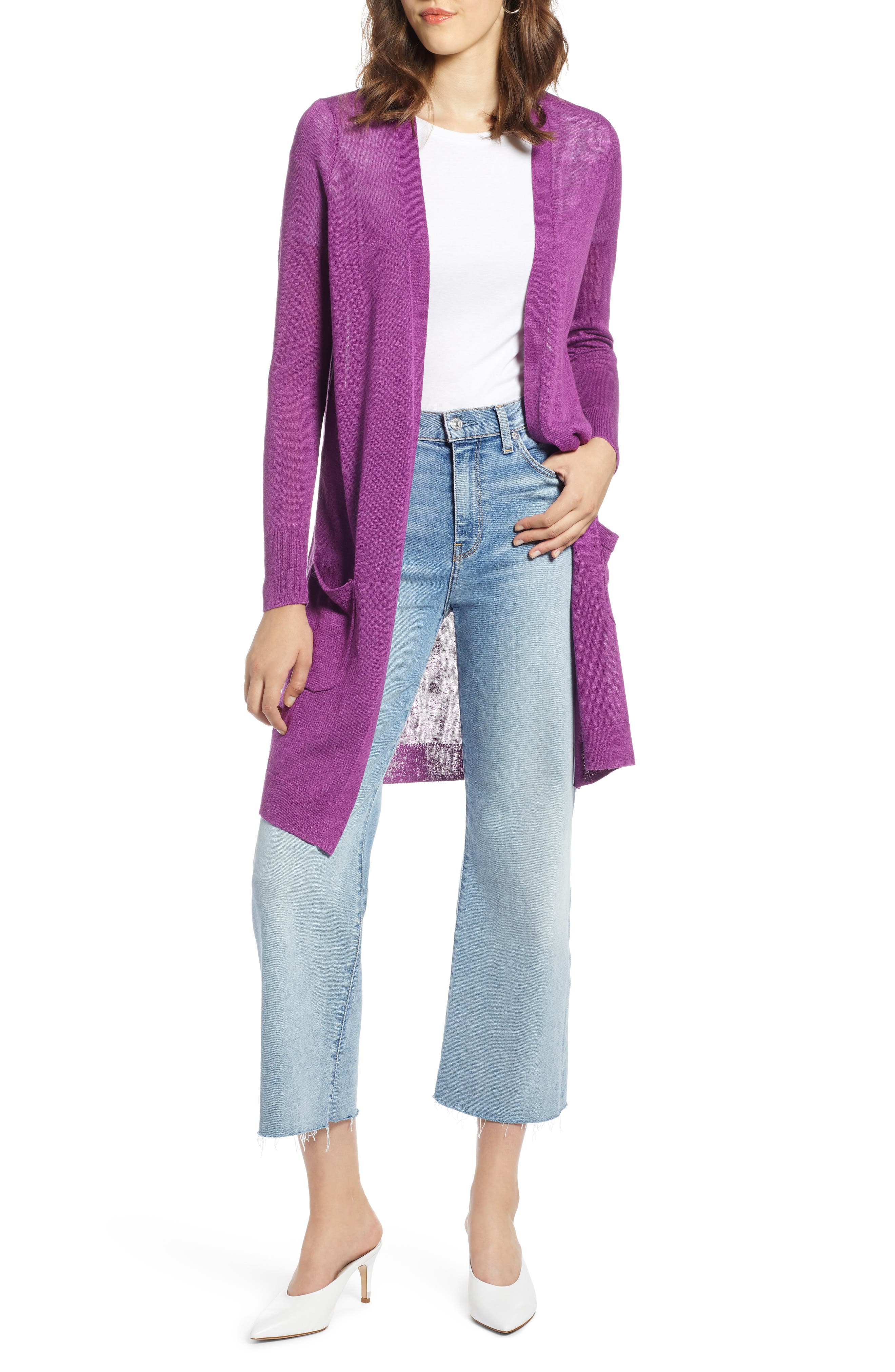 Halogen Long Linen Blend Cardigan, Purple