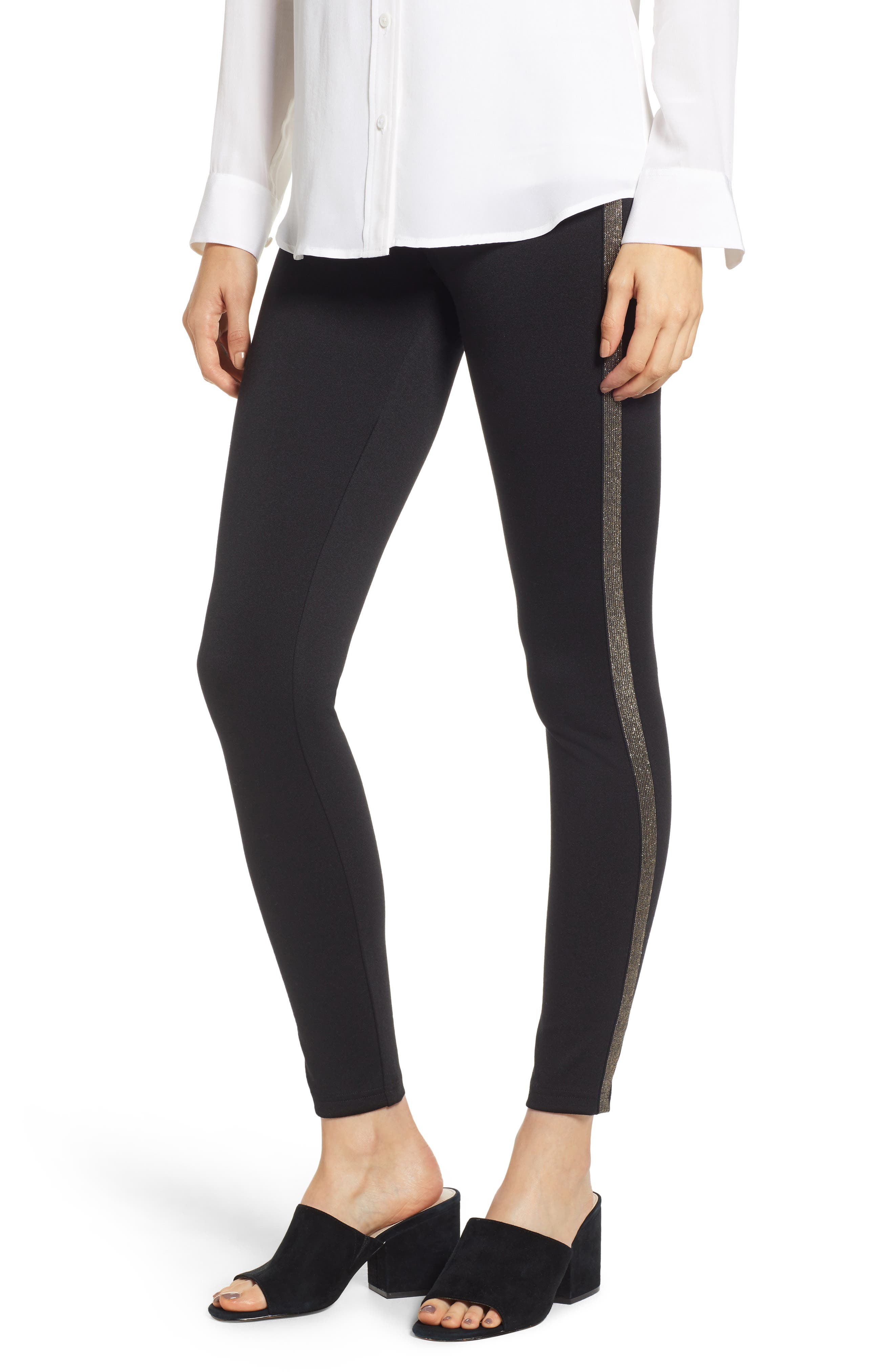 Hue Metallic Tuxedo Stripe Ponte Leggings, Black