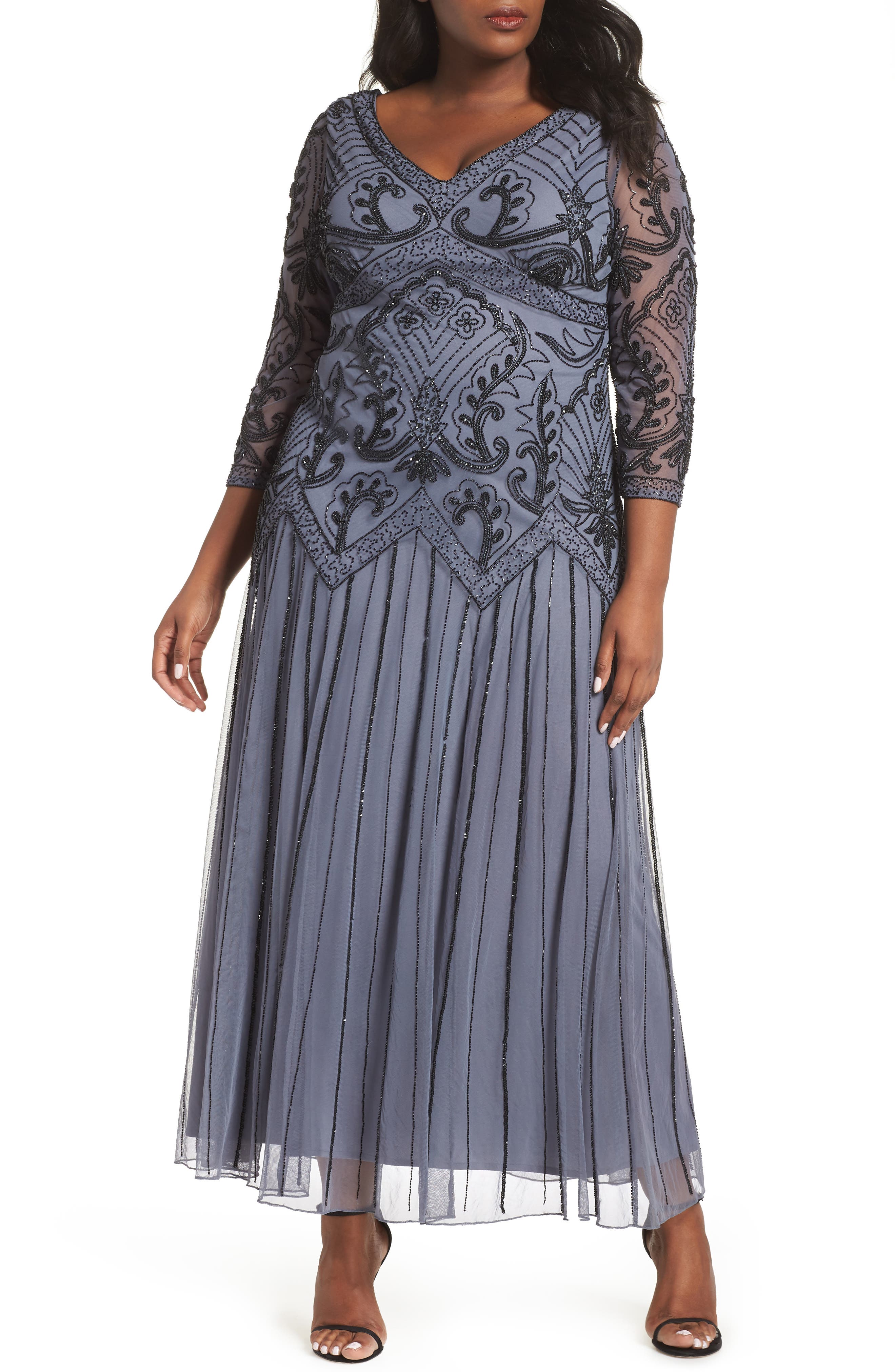 Plus Size Pisarro Nights Embellished Double V-Neck Long Dress, Grey