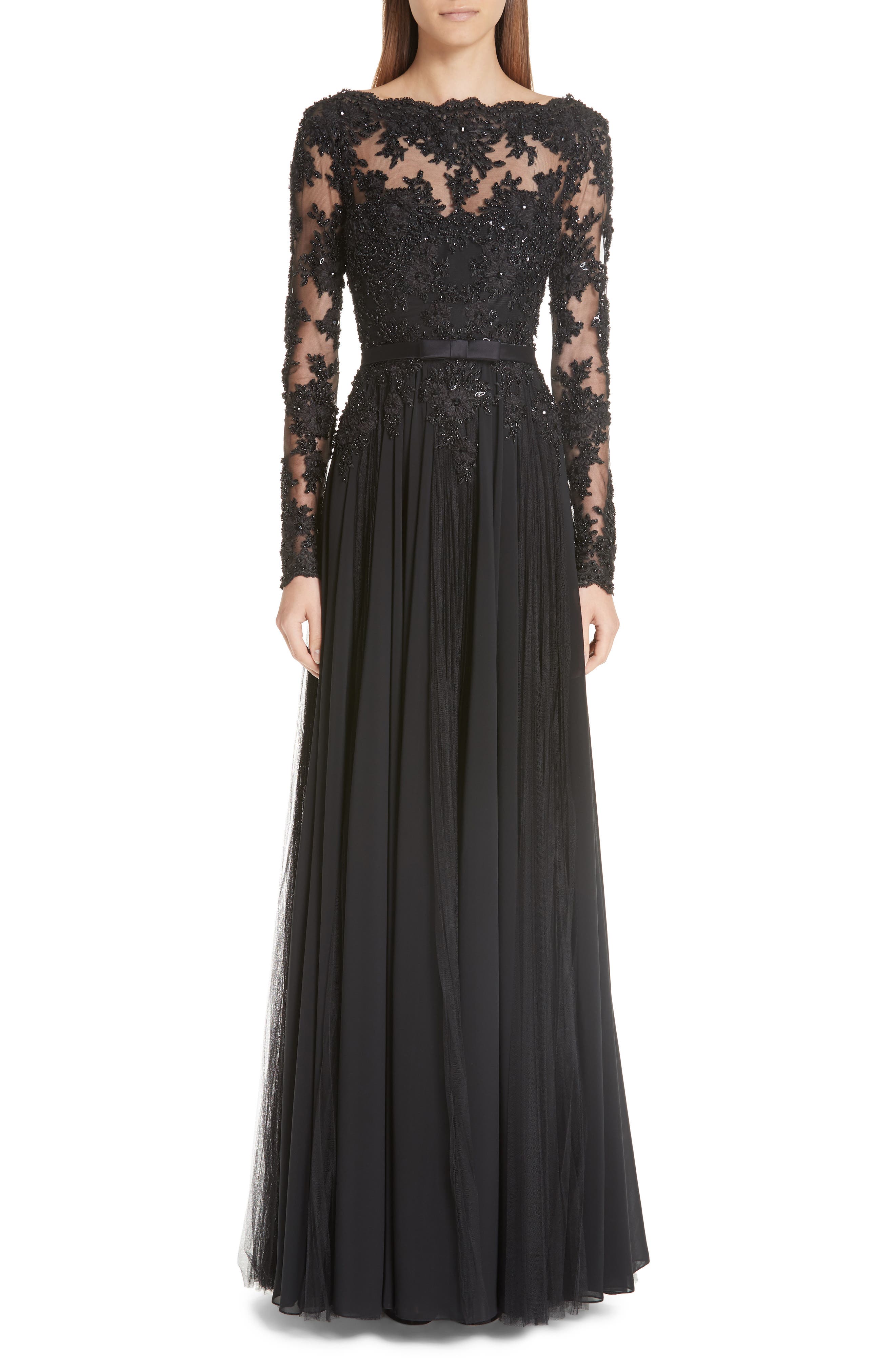 Badgley Mischka Collection Beaded Silk A-Line Gown, Black