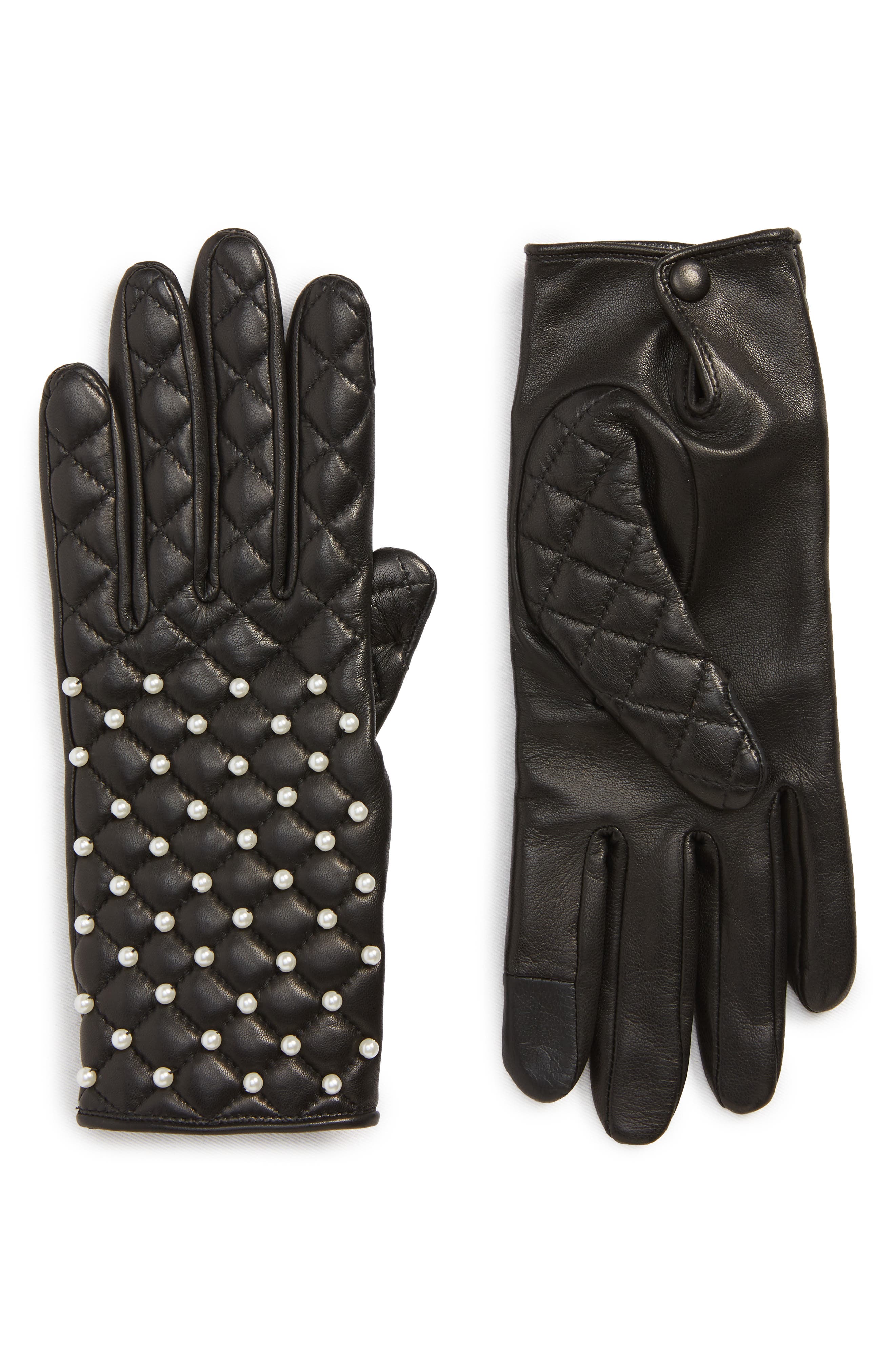 Agnelle Imitation Pearl Quilted Lambskin Leather Gloves, Black