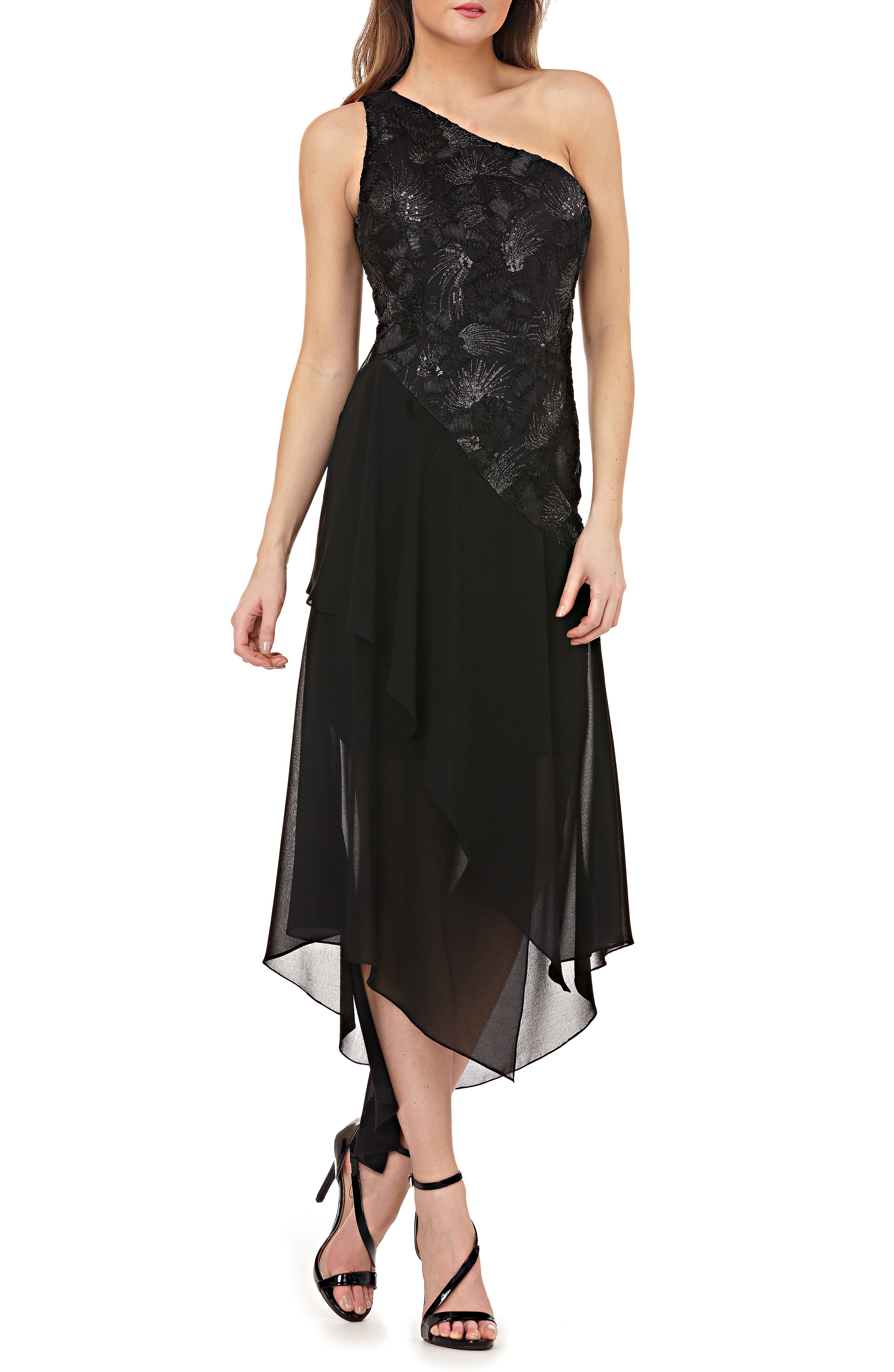 Carmen Marc Valvo Infusion Sequin & Chiffon One-Shoulder Dress, Black
