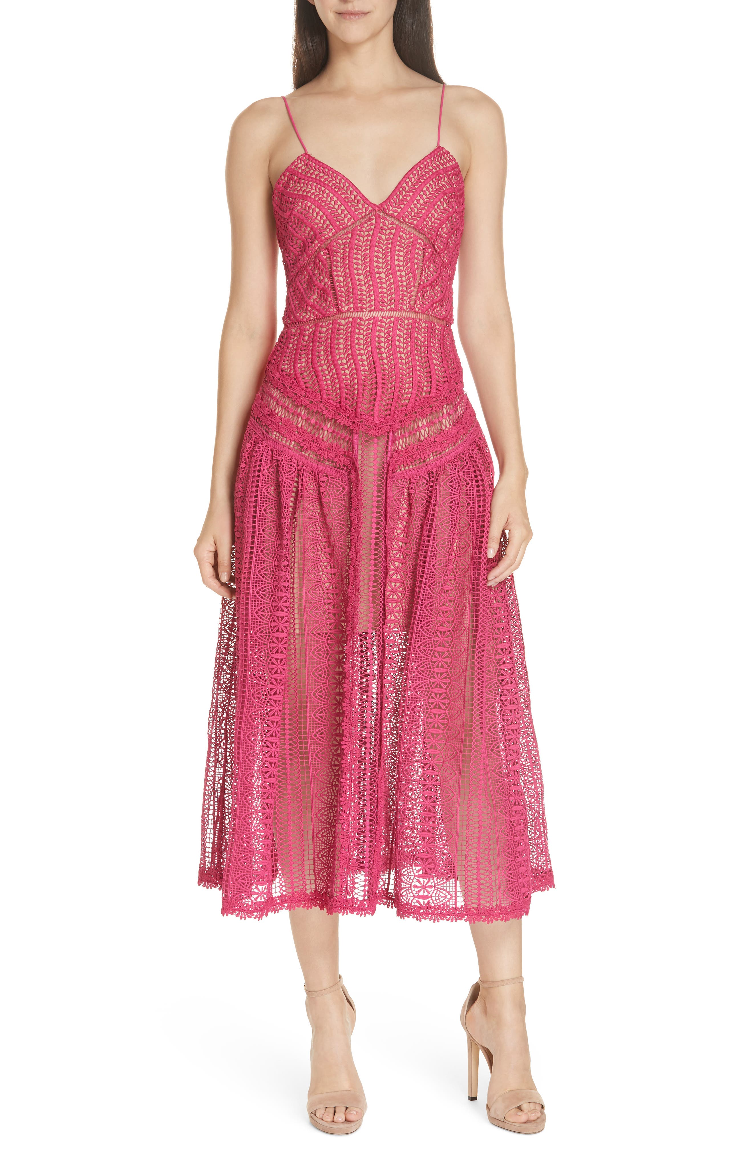 Self-Portrait Wave Lace Midi Dress, Pink