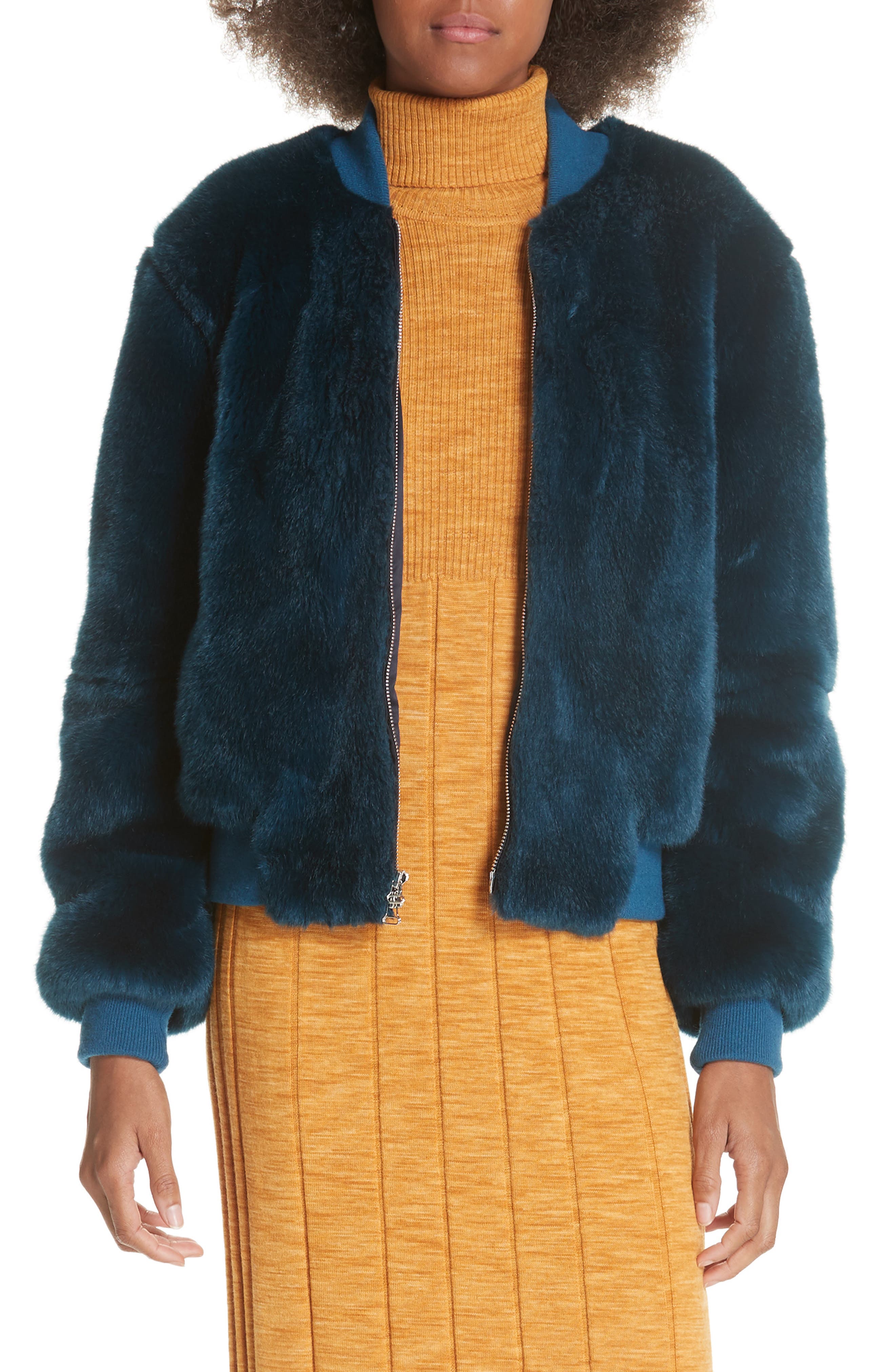 blue faux fur bomber jacket