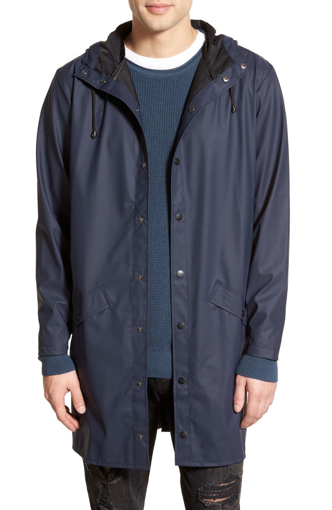 Rains Waterproof Hooded Long Rain Jacket, Blue