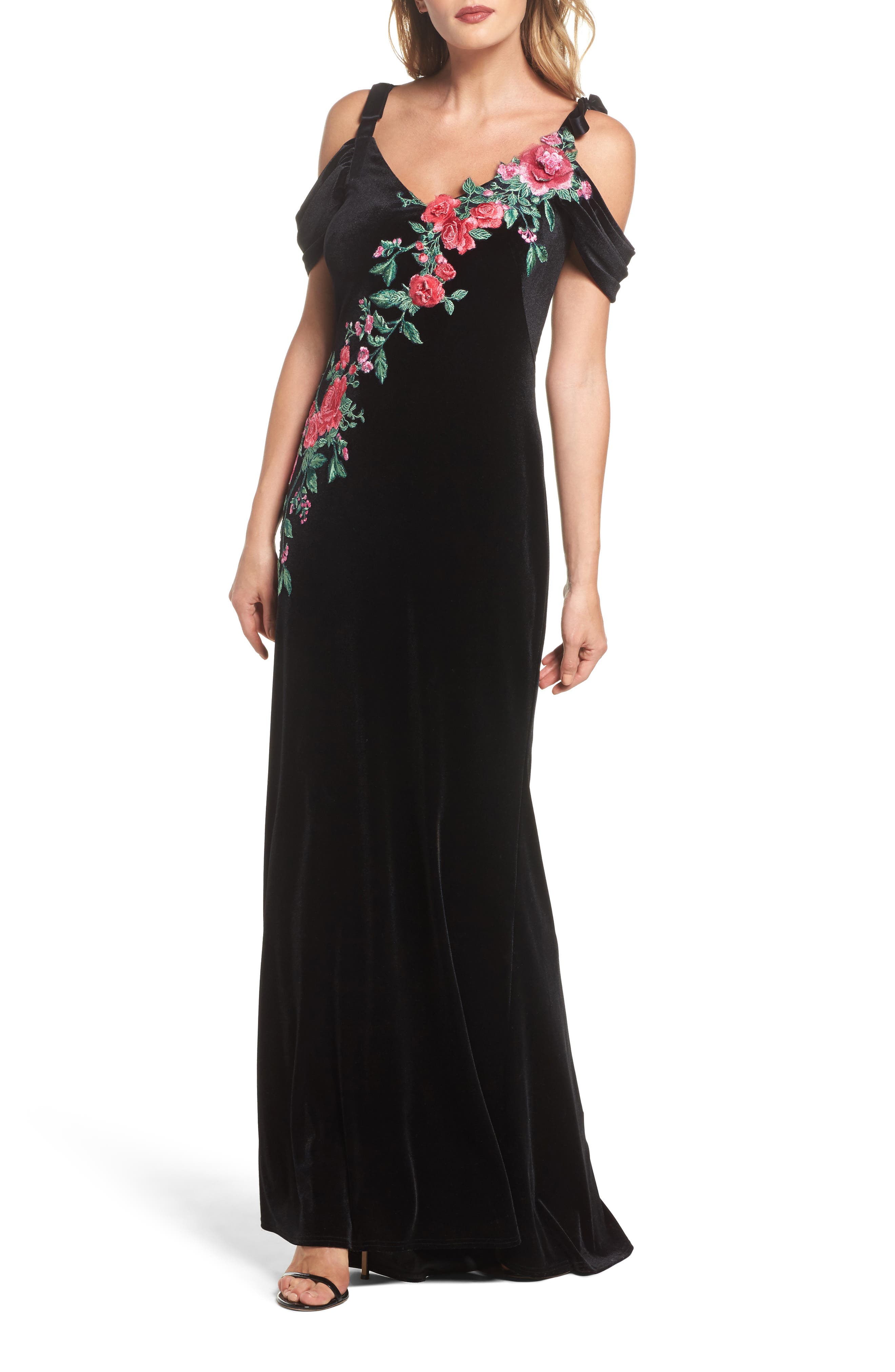 Tadashi Shoji Embroidered Cold Shoulder Velvet Gown, Black