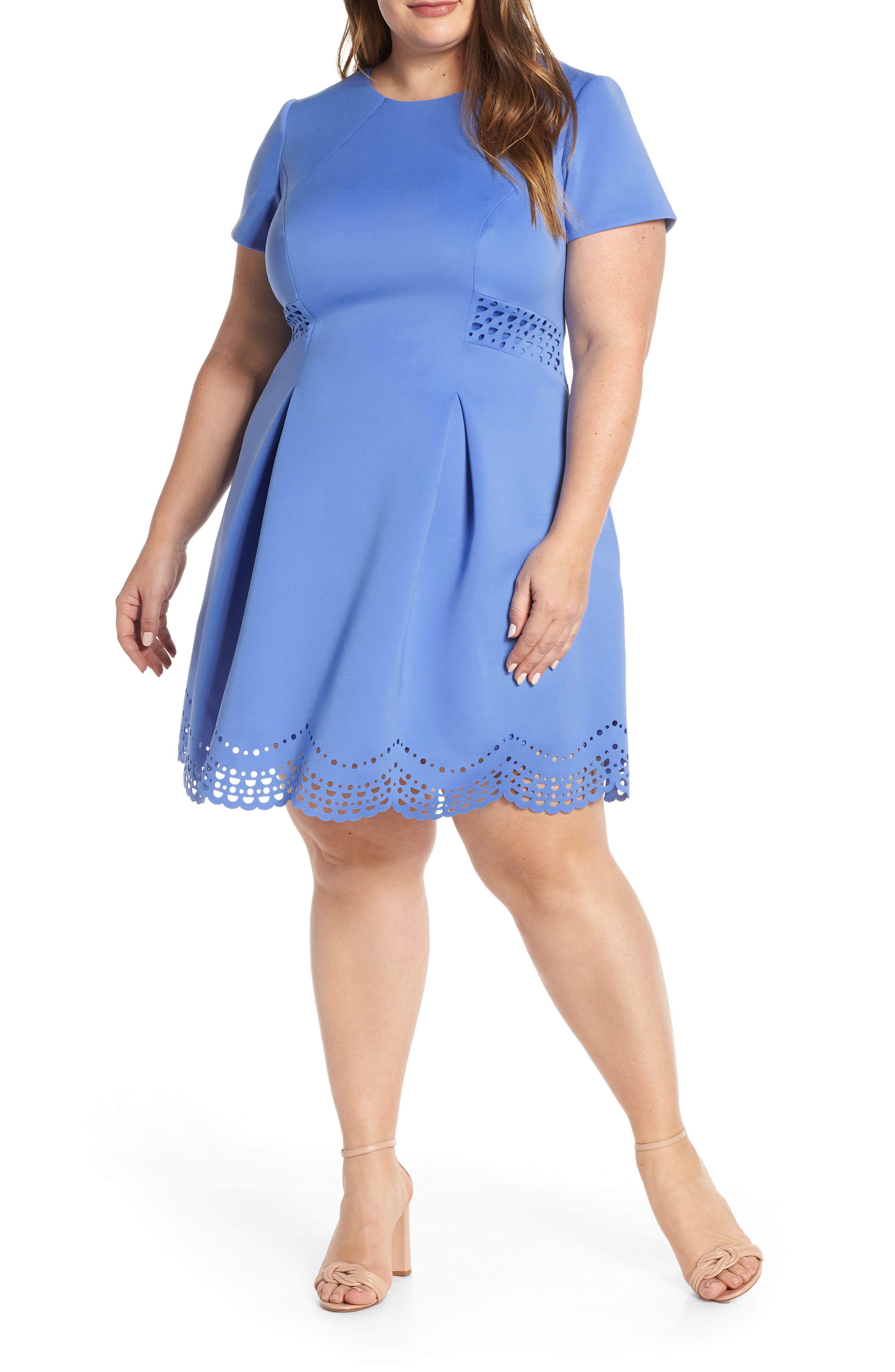 Plus Size Vince Camuto Laser Cut Scuba Crepe Fit & Flare Dress, Blue