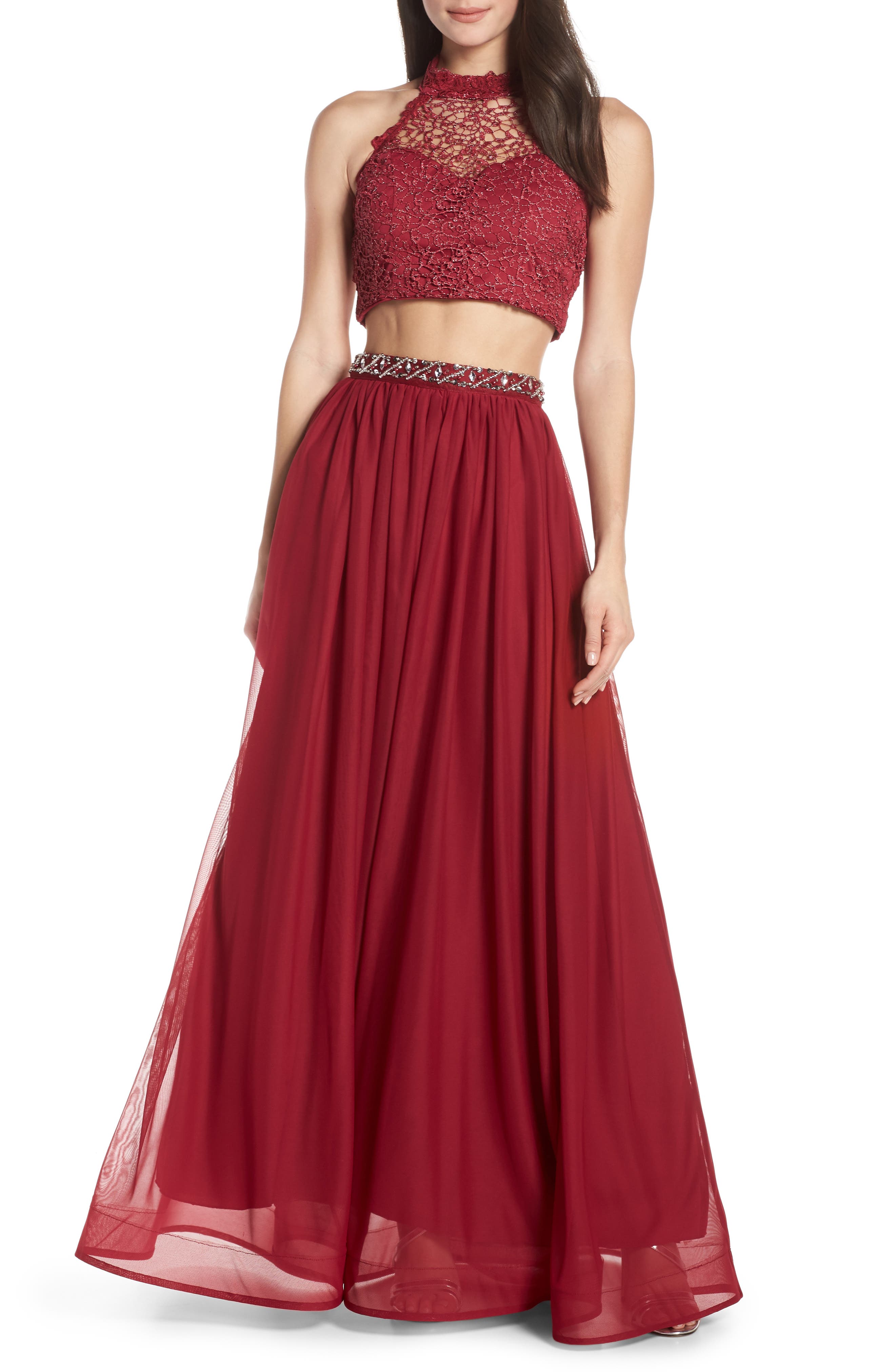 Sequin Hearts Chemical Lace Two-Piece Evening Dress, Red