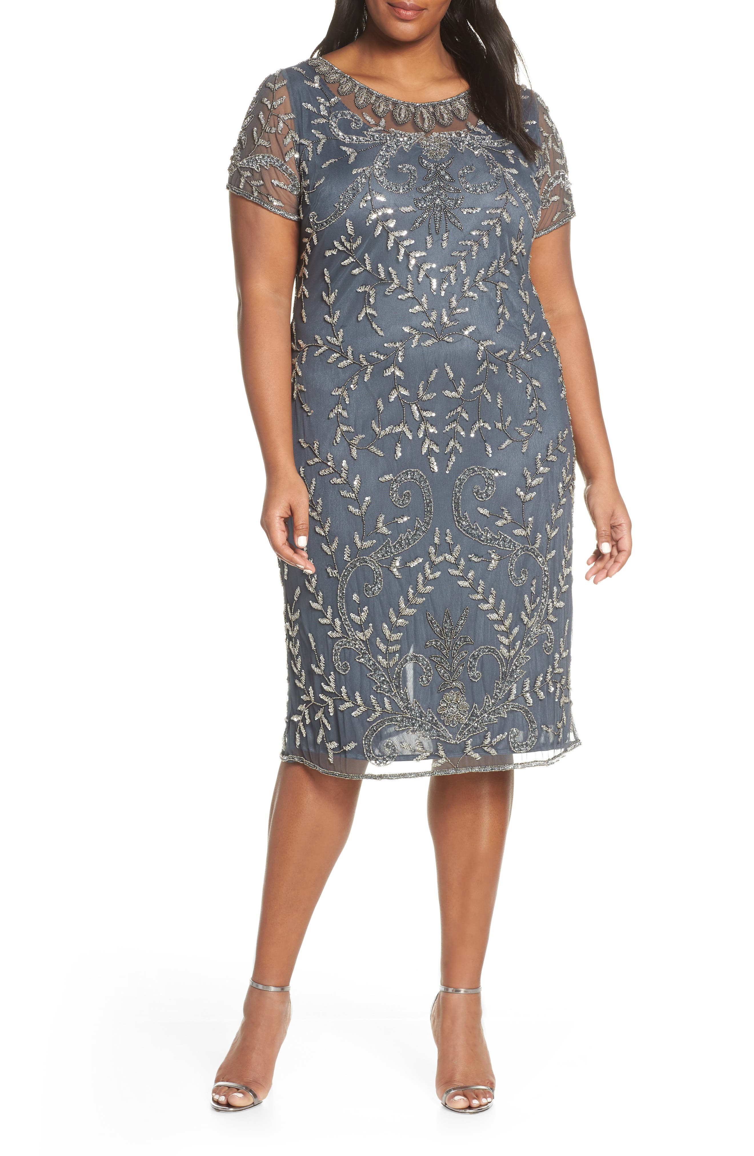 Plus Size Pisarro Nights Beaded Cocktail Dress, Grey
