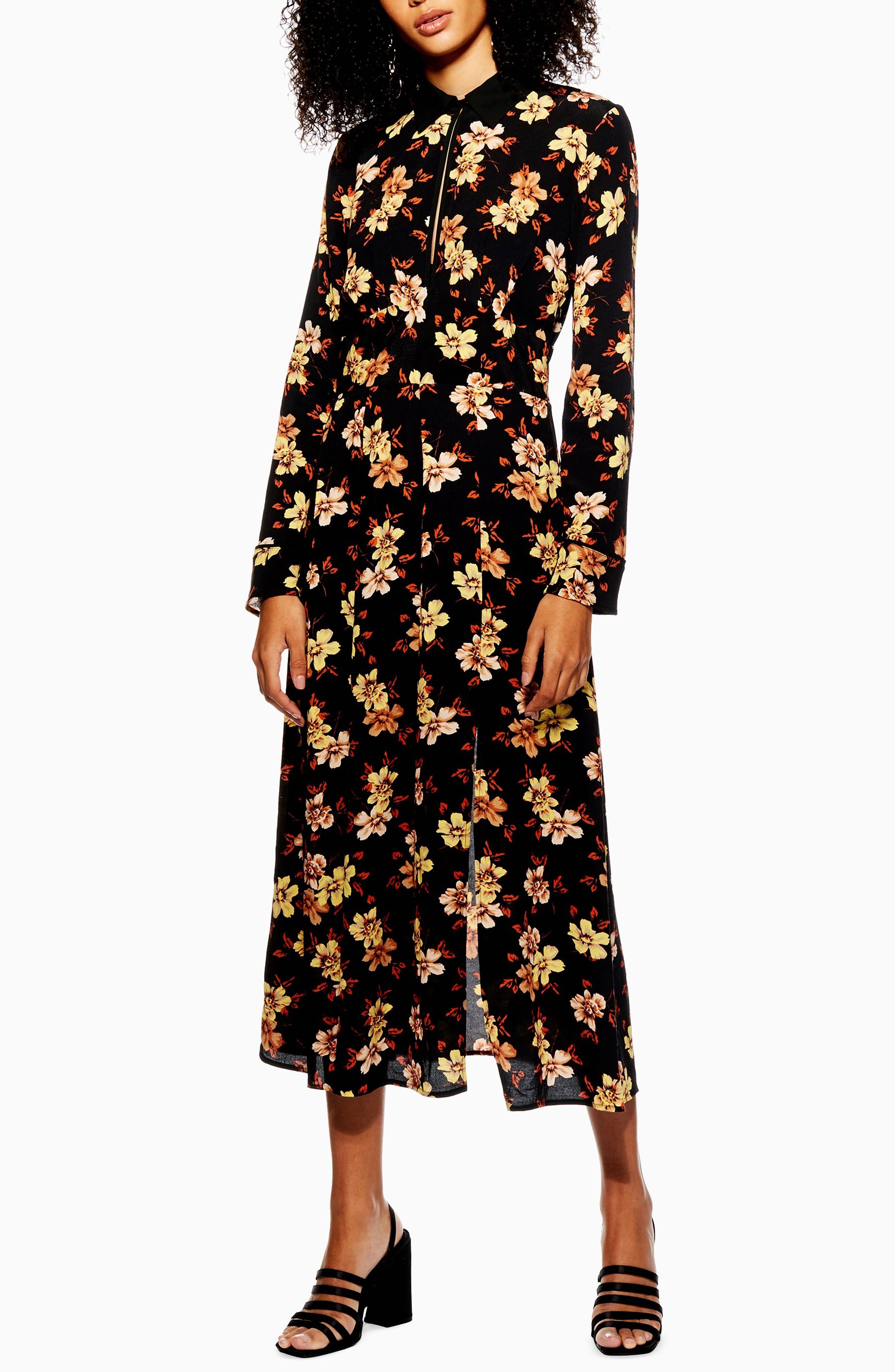 Topshop Autumn Floral Midi Dress, US (fits like 0) - Black