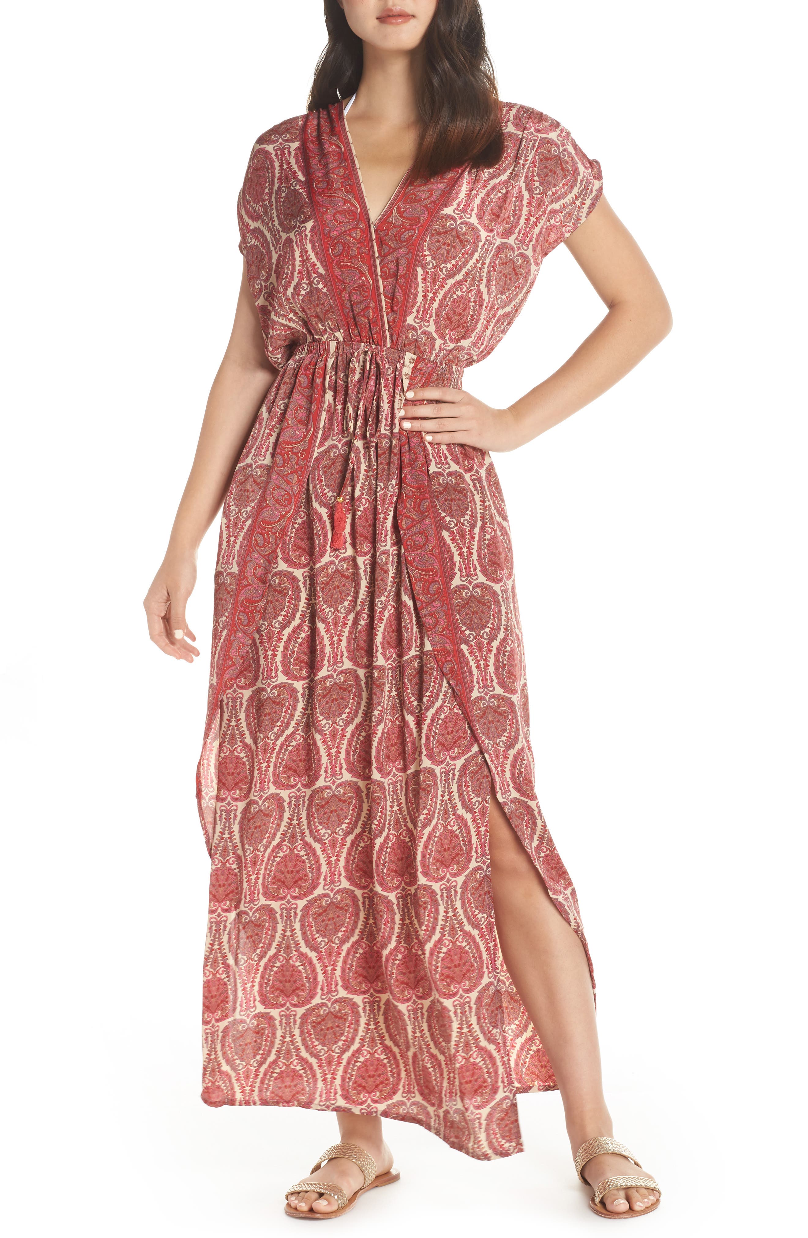 Elan Wrap Maxi Cover-Up Dress, Coral