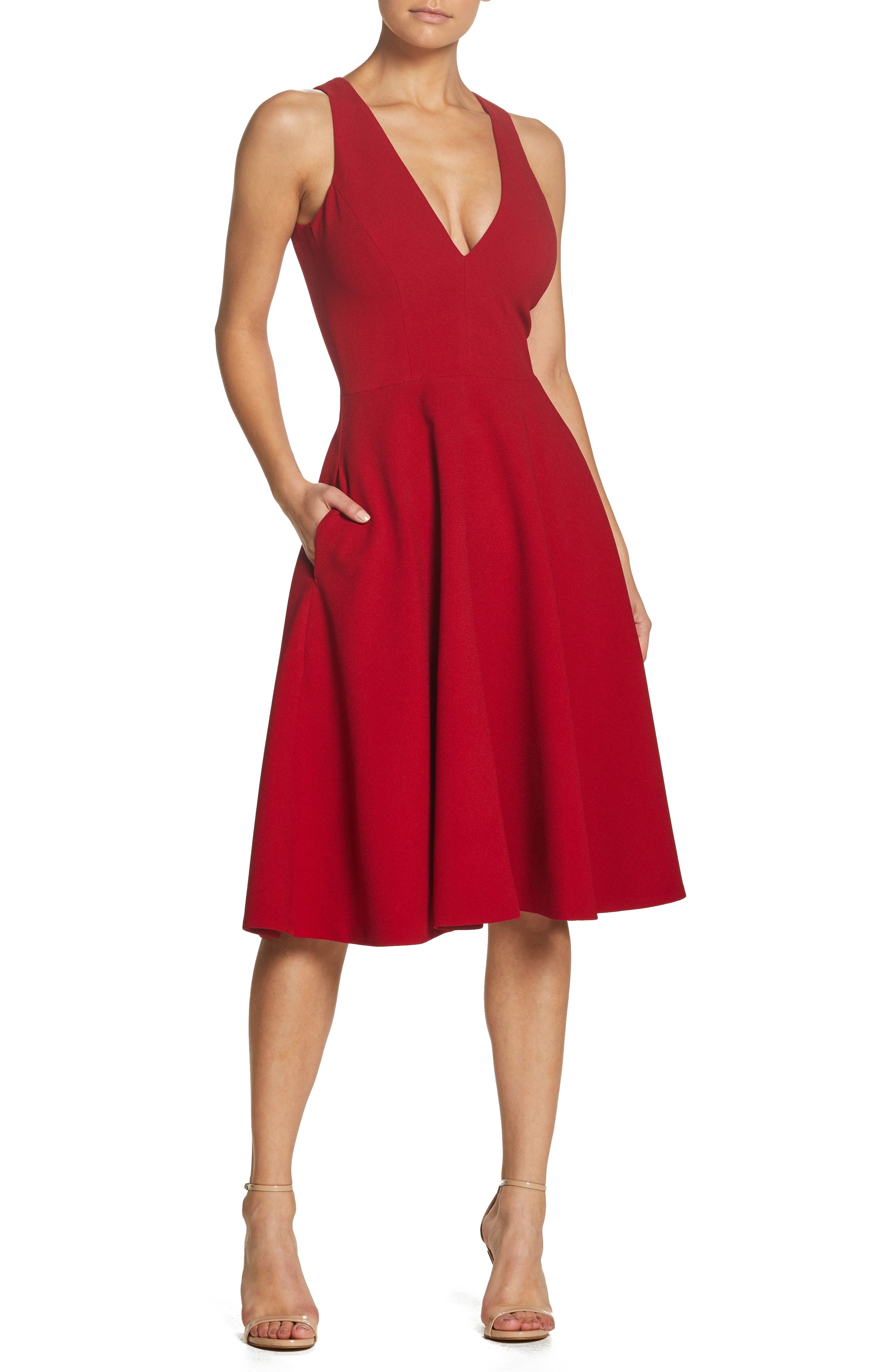 Dress The Population Catalina Tea Length Fit & Flare Dress, Red