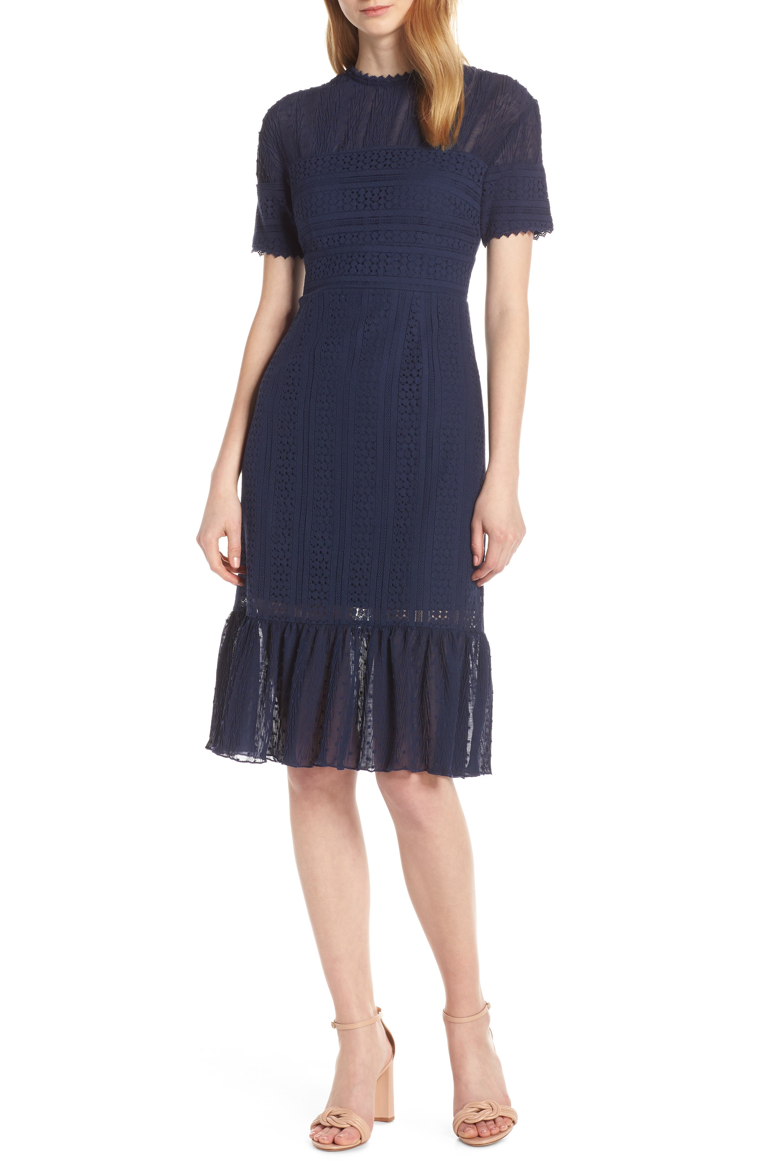 Chelsea28 Lace & Swiss Dot Dress, Blue