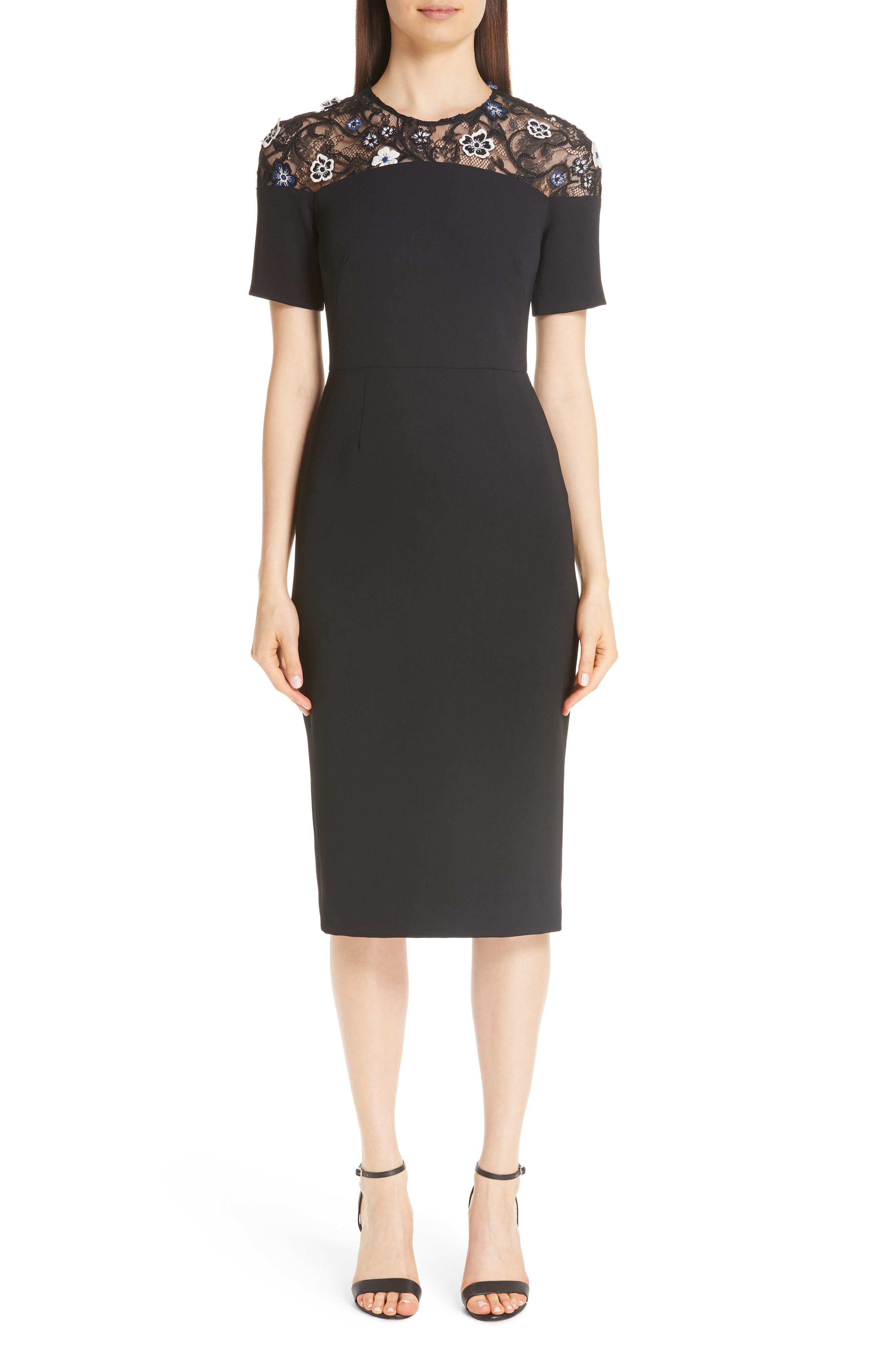 Lela Rose 3D Floral Lace Yoke Sheath Dress, Blue