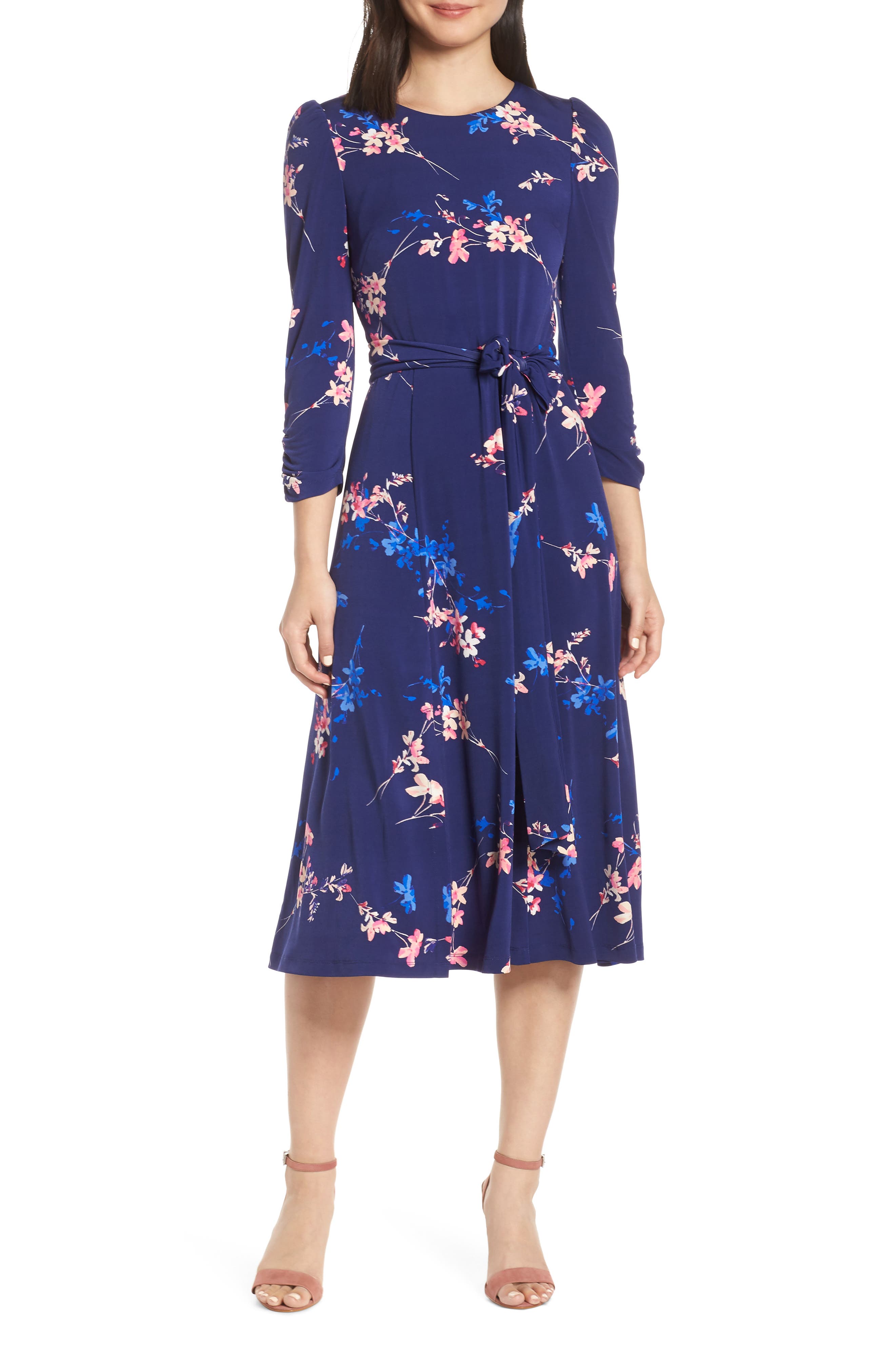 Eliza J Floral Belted Midi Dress, Blue