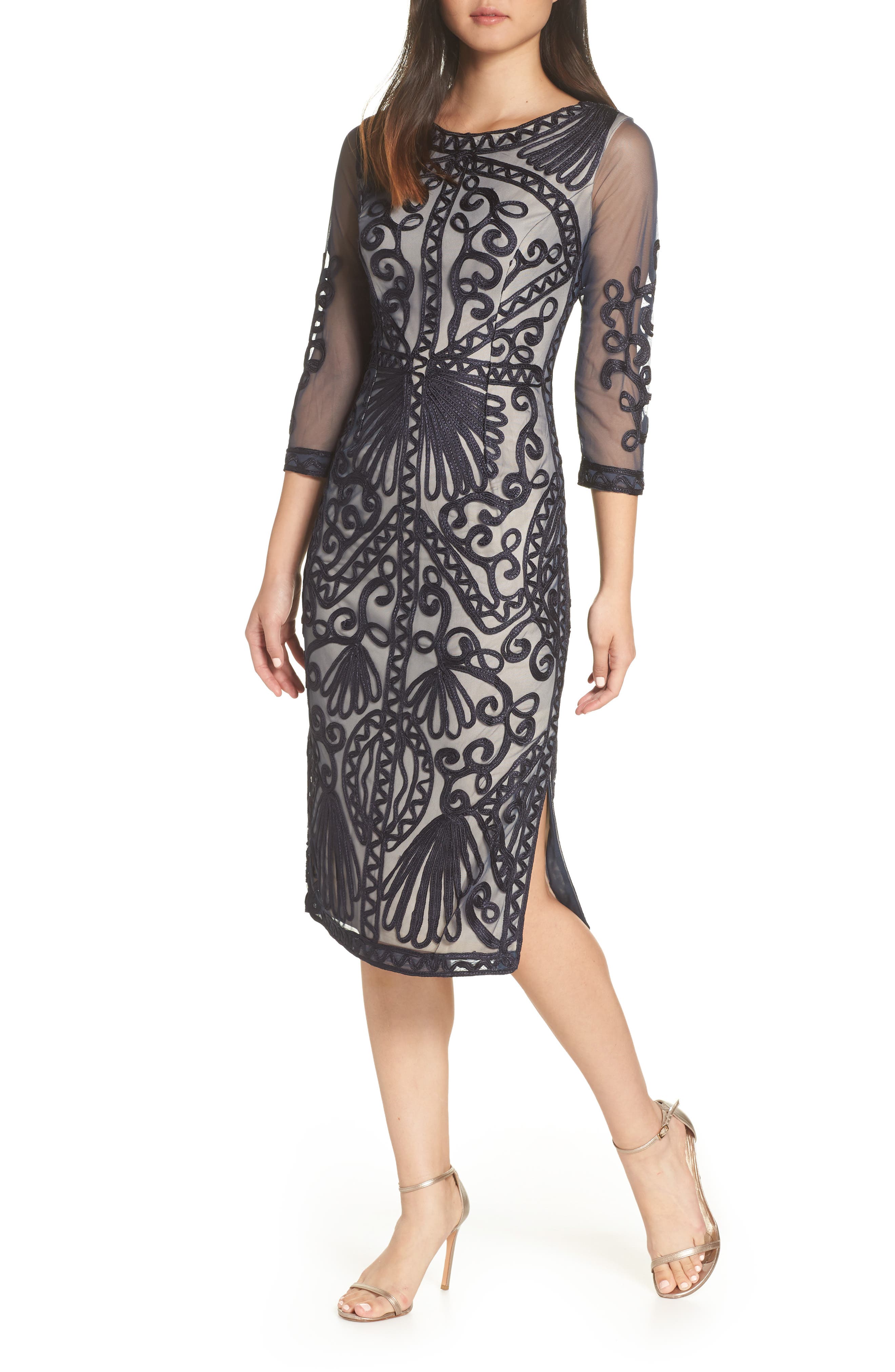 Js Collections Sheer Sleeve Soutache Sheath Dress, Blue