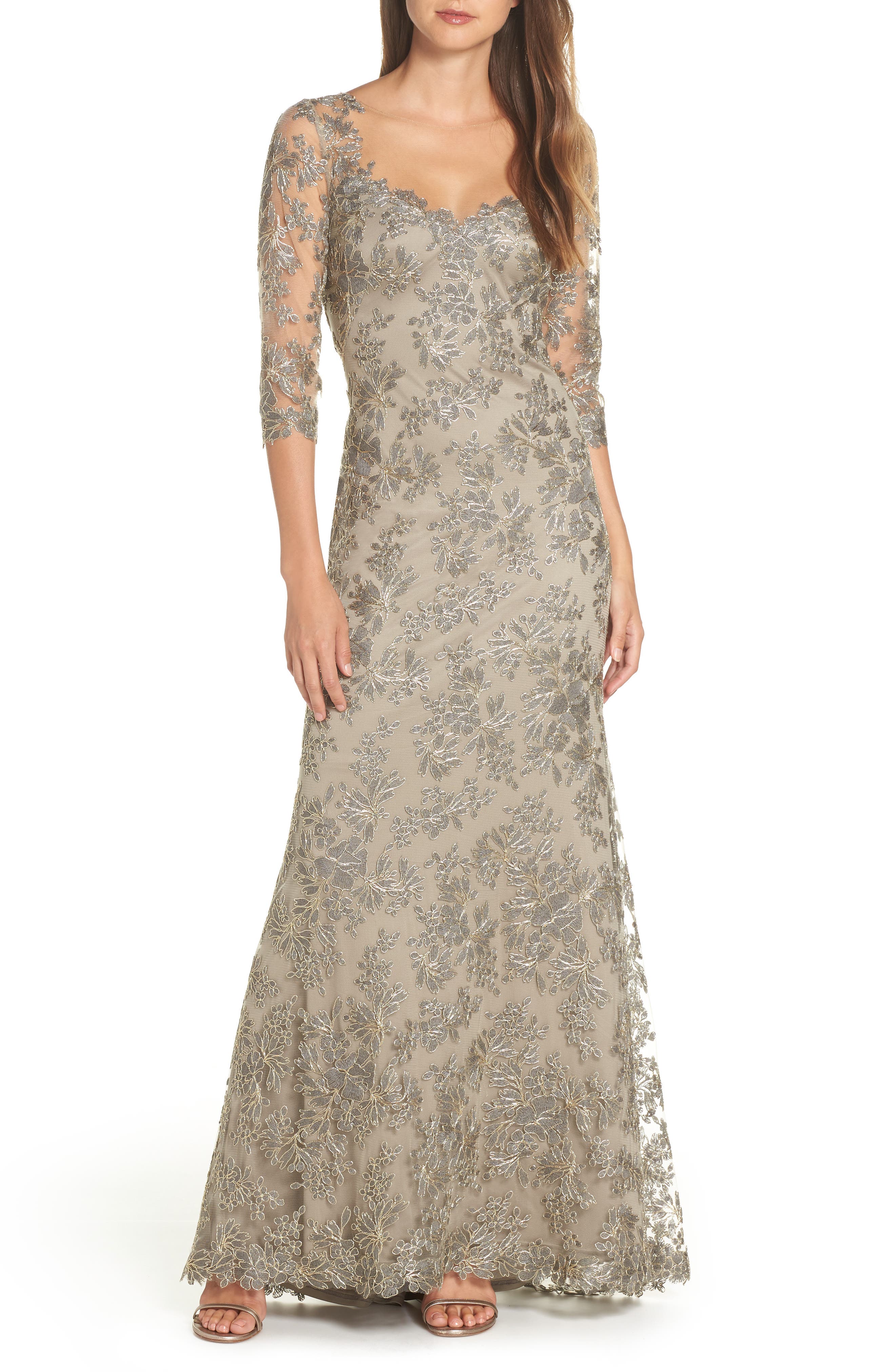 Tadashi Shoji Corded Embroidered Lace Gown, Grey