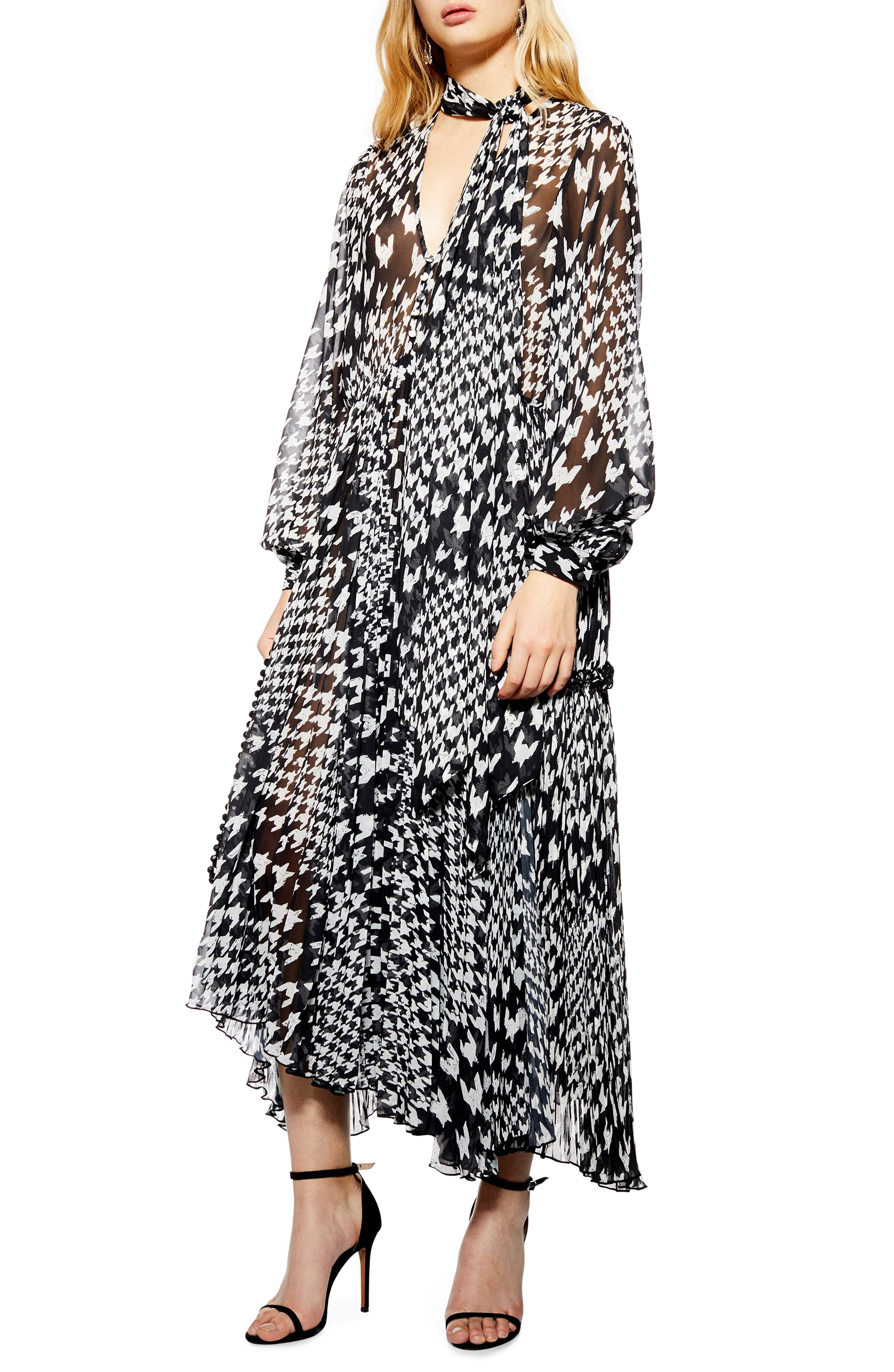 Topshop Houndstooth Tie Neck Midi Dress, US (fits like 0) - Black
