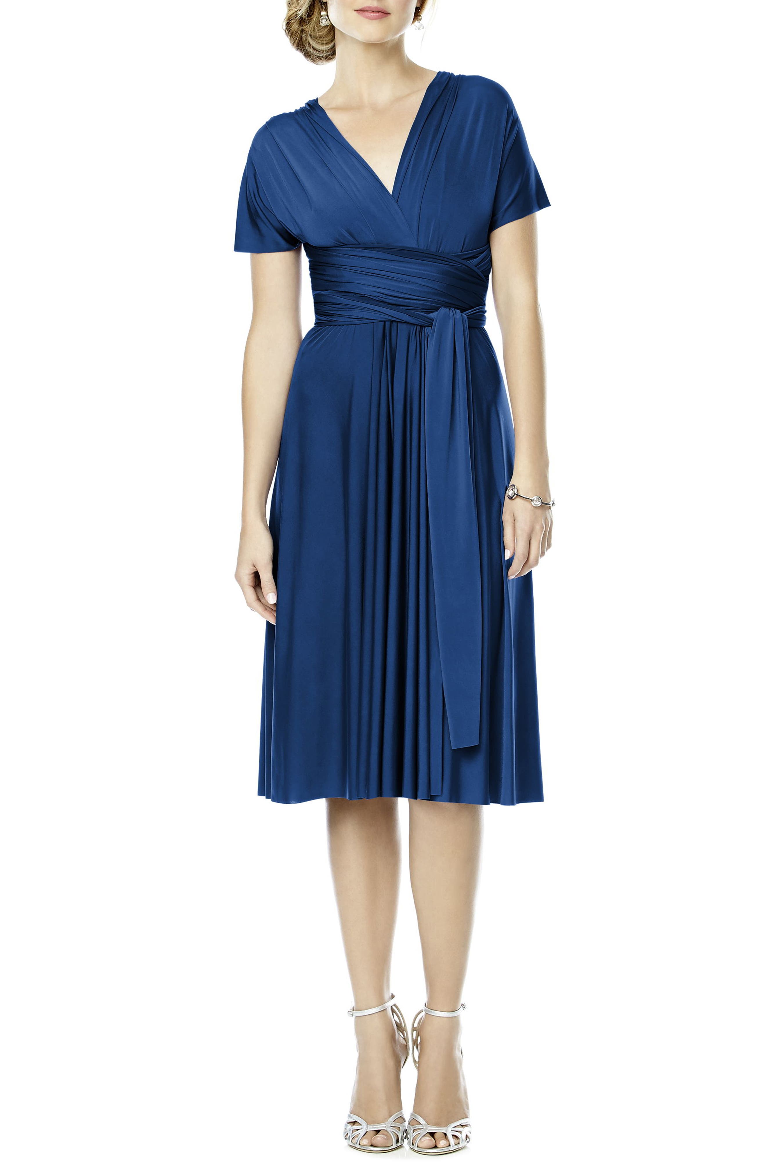 Dessy Collection Convertible Wrap Tie Surplice Jersey Dress, Blue