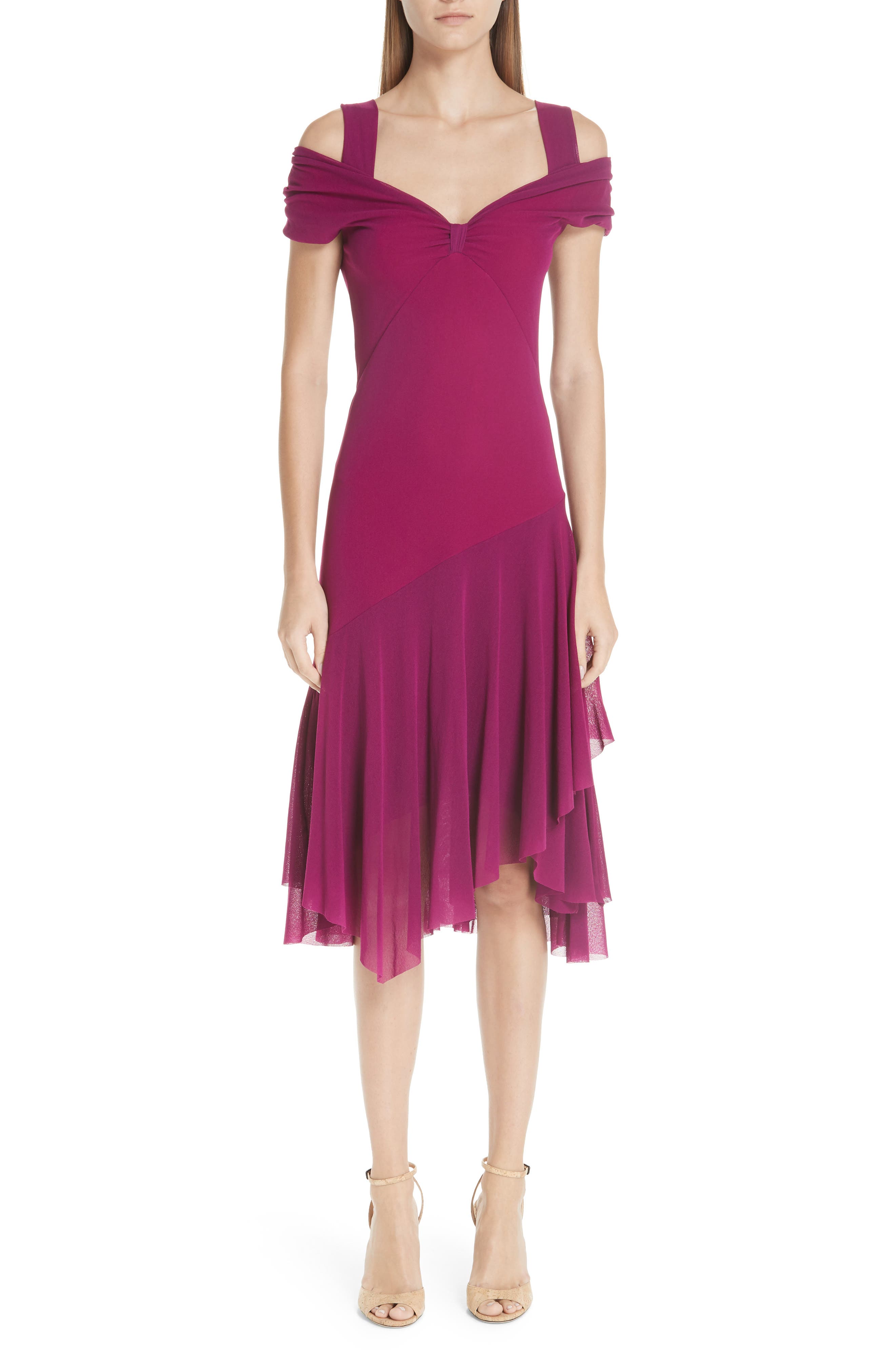 Fuzzi Ruffle Tulle Cold Shoulder Dress, Purple