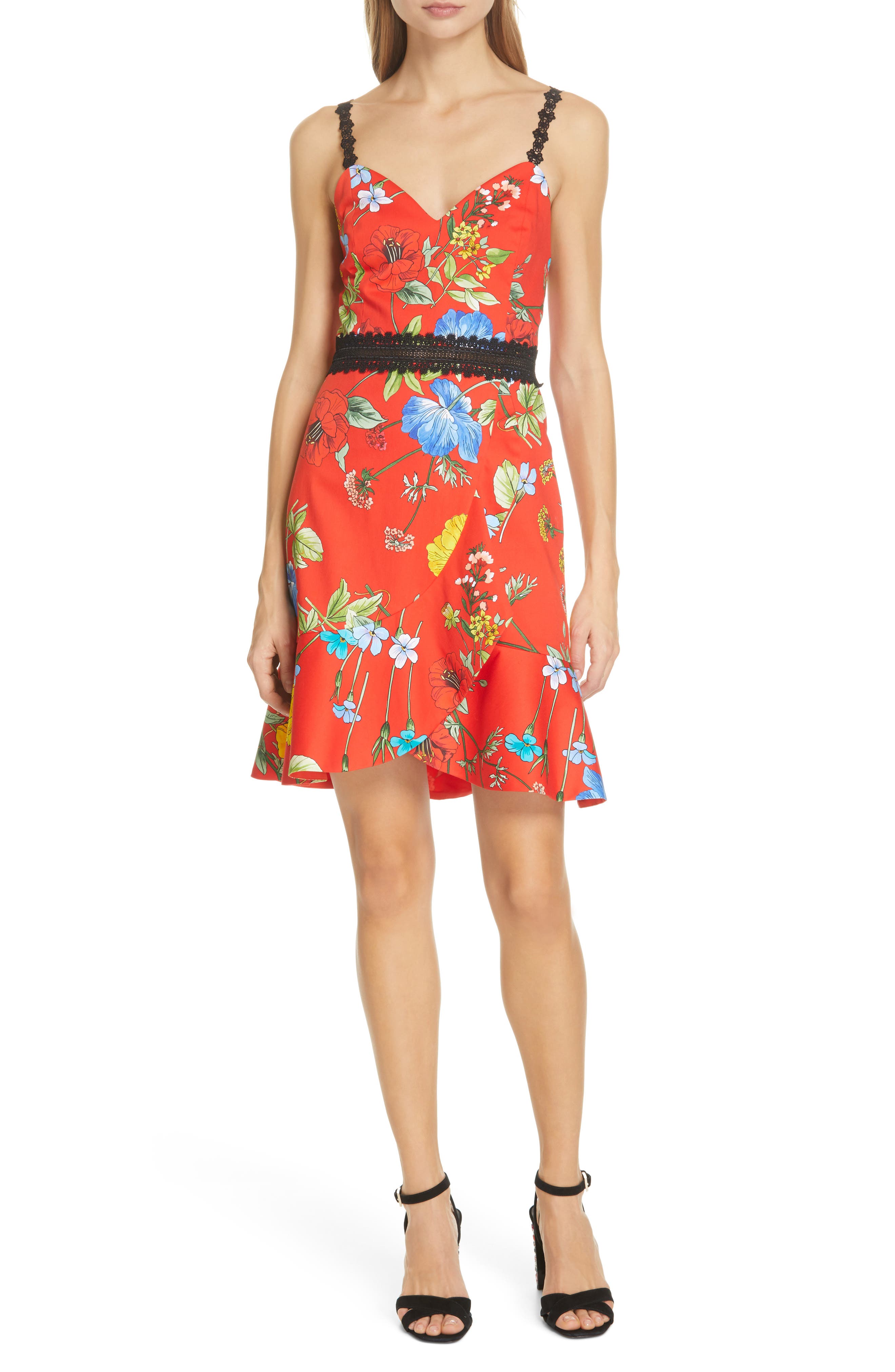 Alice + Olivia Kirby Floral Tulip Hem Dress, Red