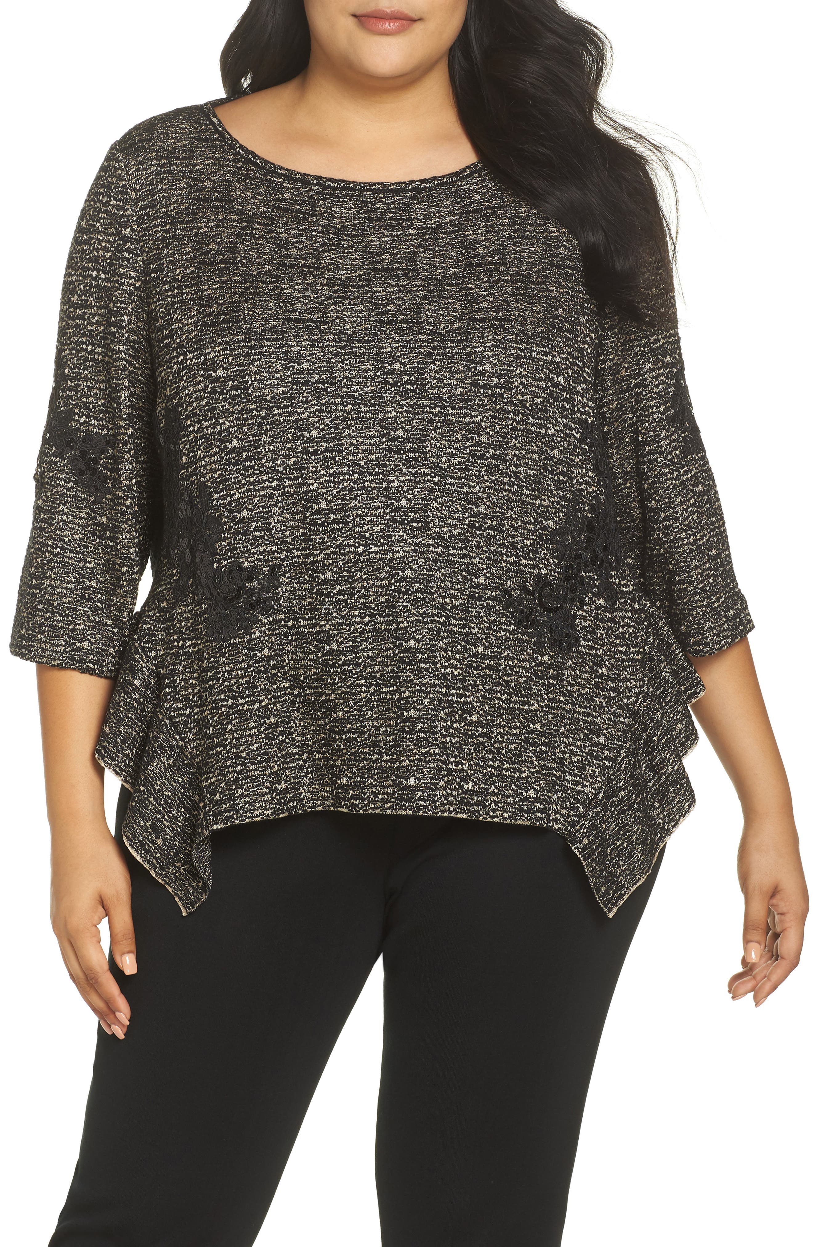 Plus Size Ming Wang Sequin Asymmetrical Hem Top, Brown