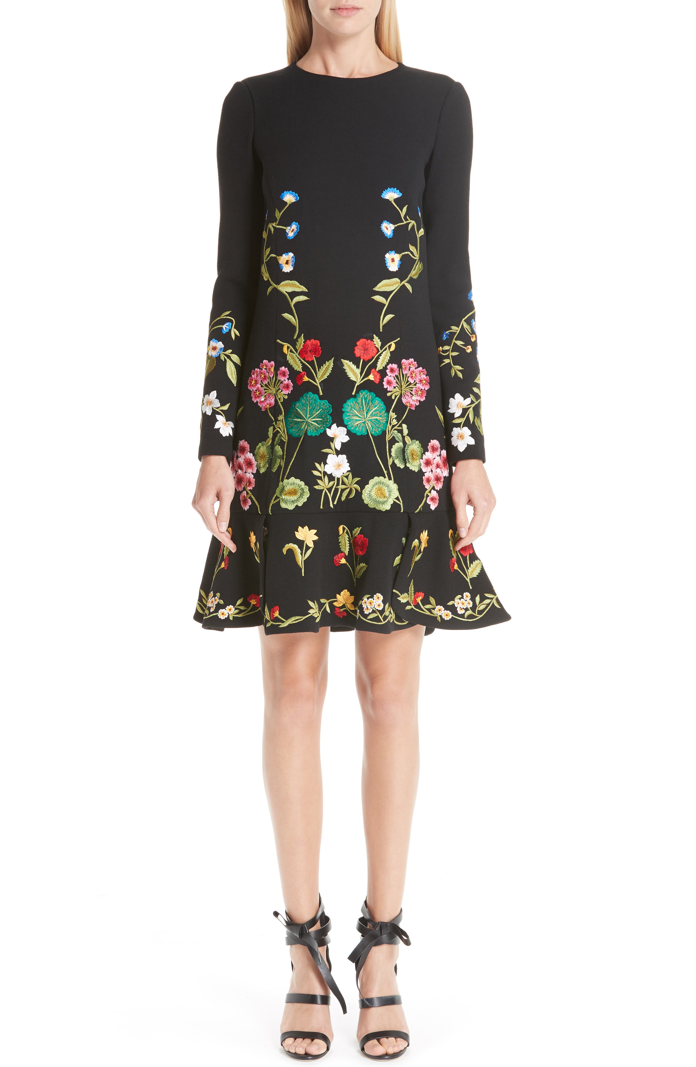 Oscar De La Renta Garden Embroidery Ruffle Hem Stretch Wool Dress, Black