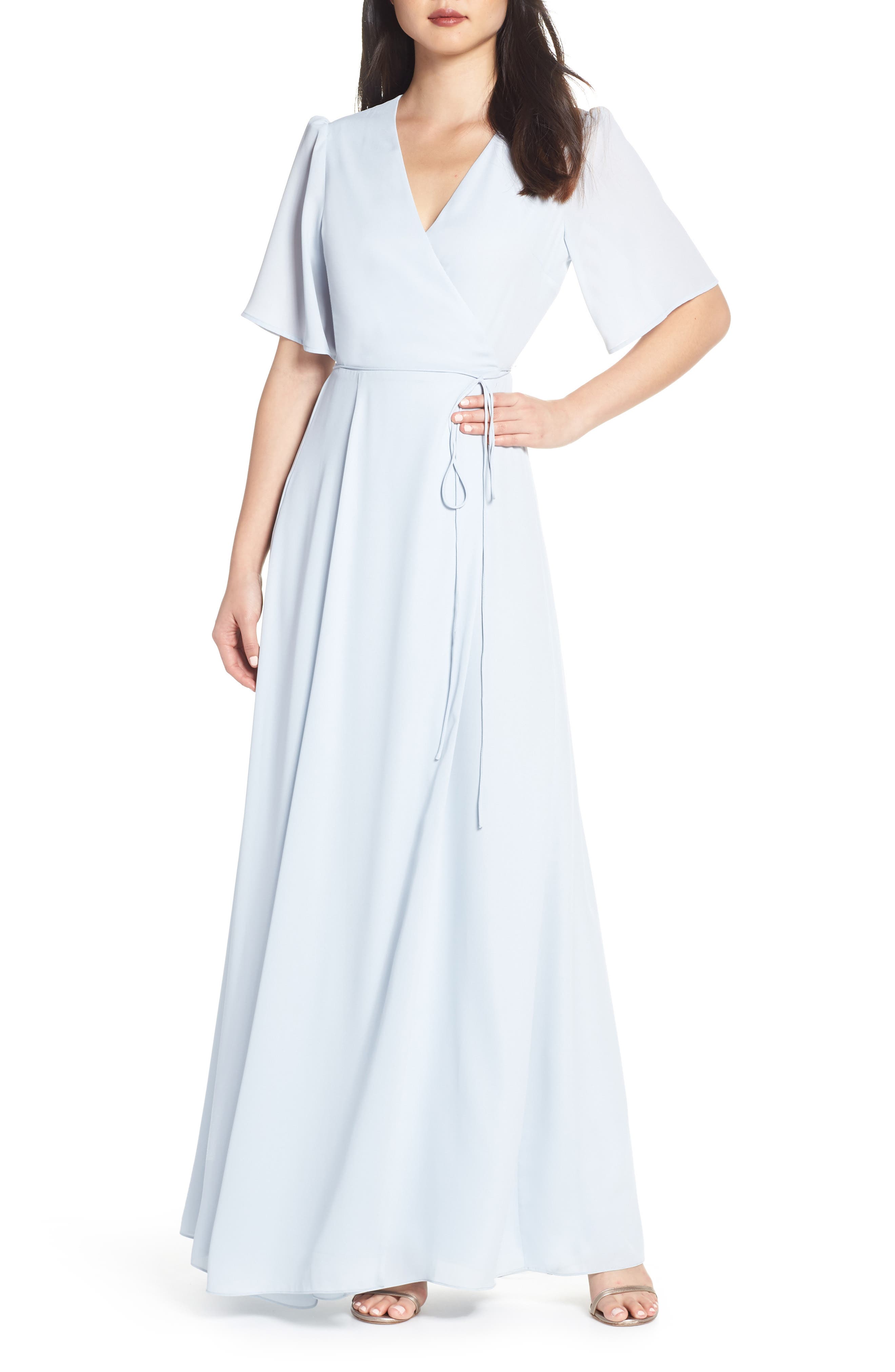 Wayf The Aurelia Short Sleeve Wrap Evening Dress, Blue