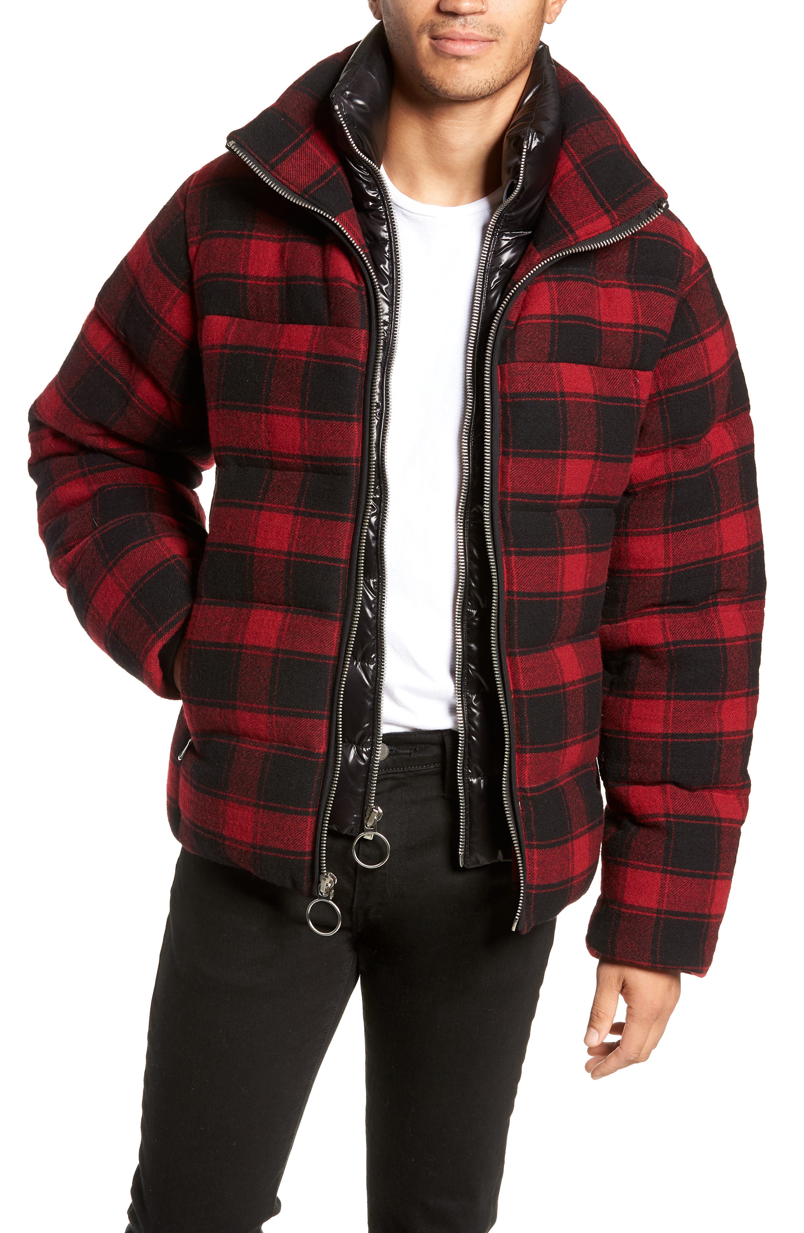 The Very Warm Crosby Plaid Wool Bib Puffer Jacket, Red