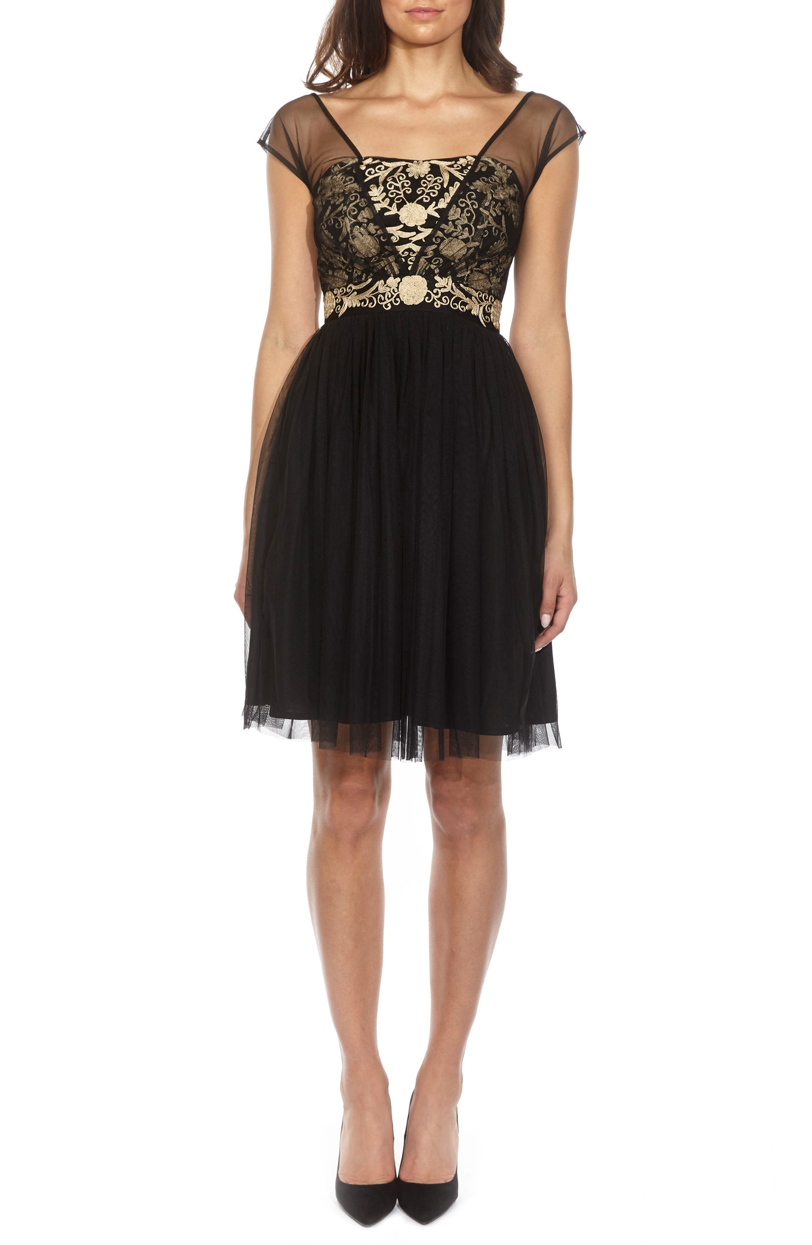 Lace & Beads Embroidered Mesh Skater Dress, Black