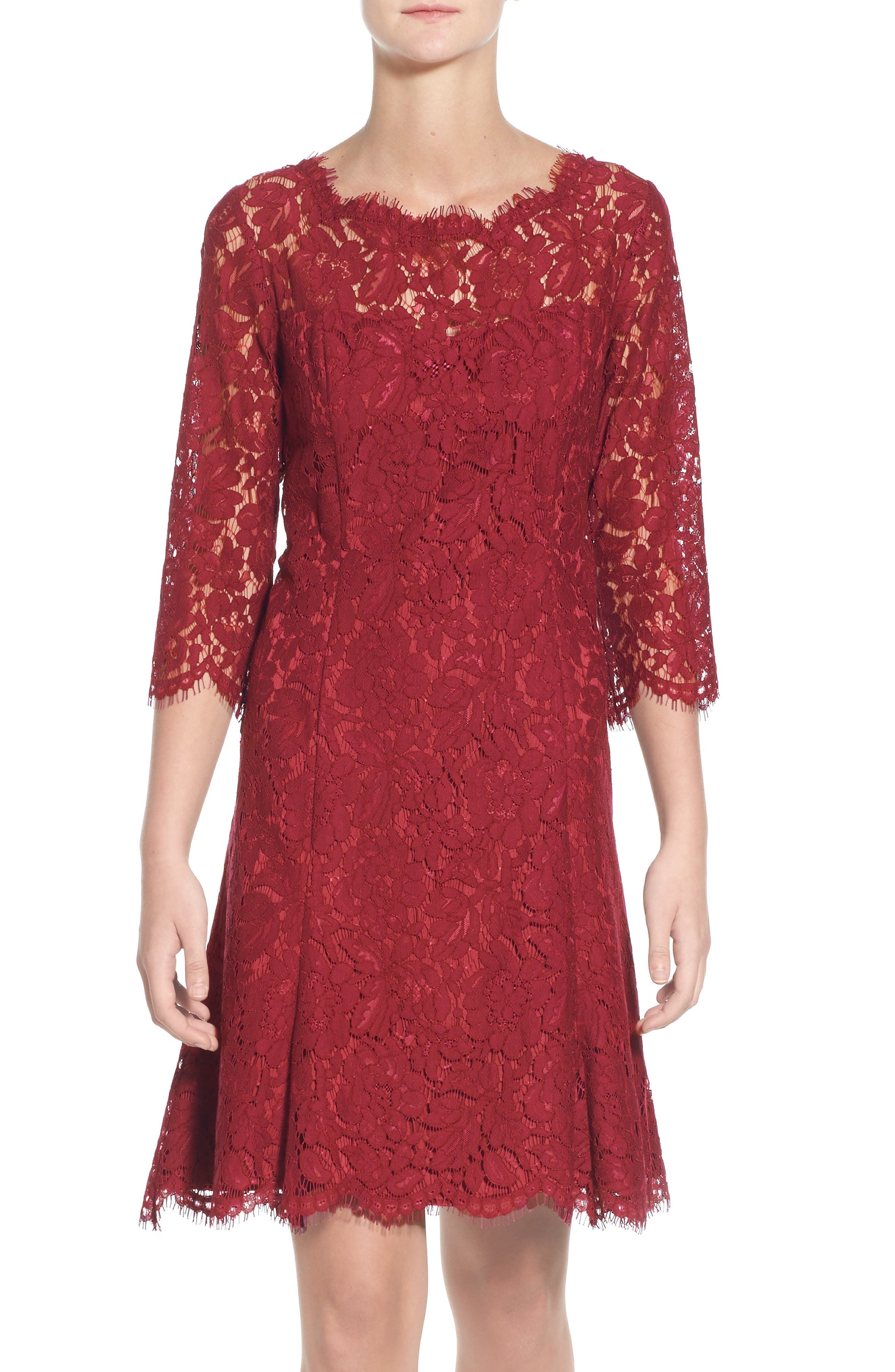 Eliza J Lace Fit & Flare Cocktail Dress, Burgundy