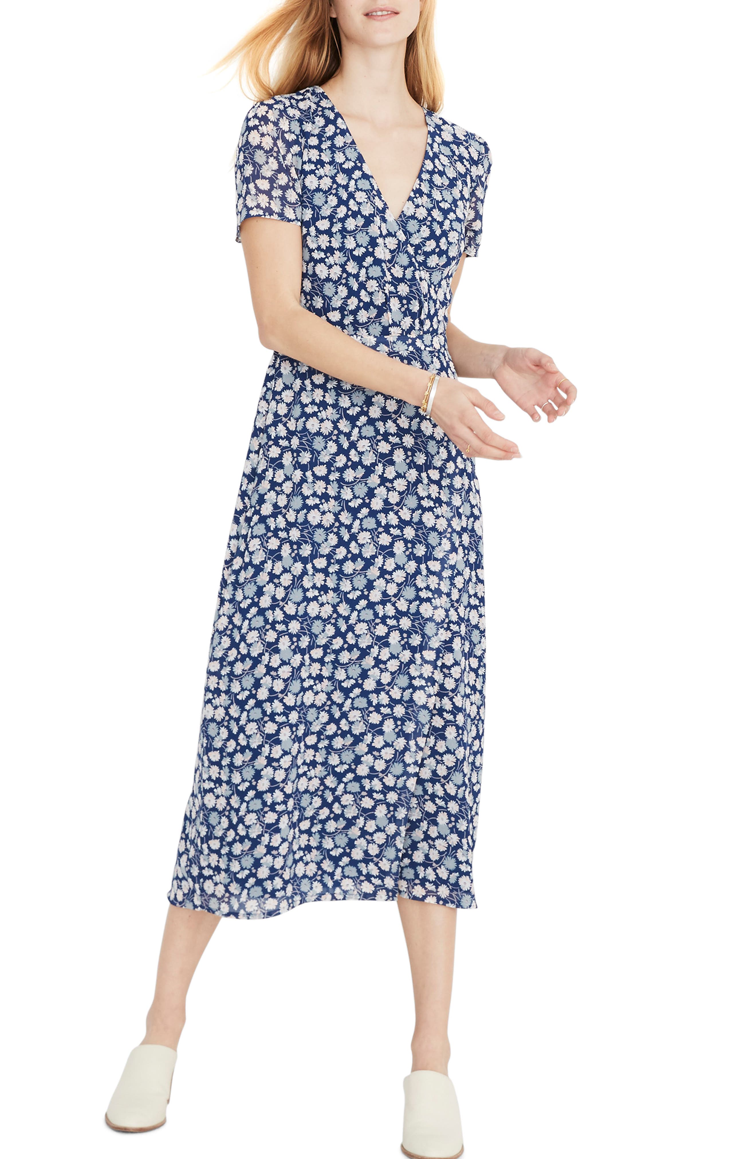 Madewell Floral Wrap Front Midi Dress, Blue