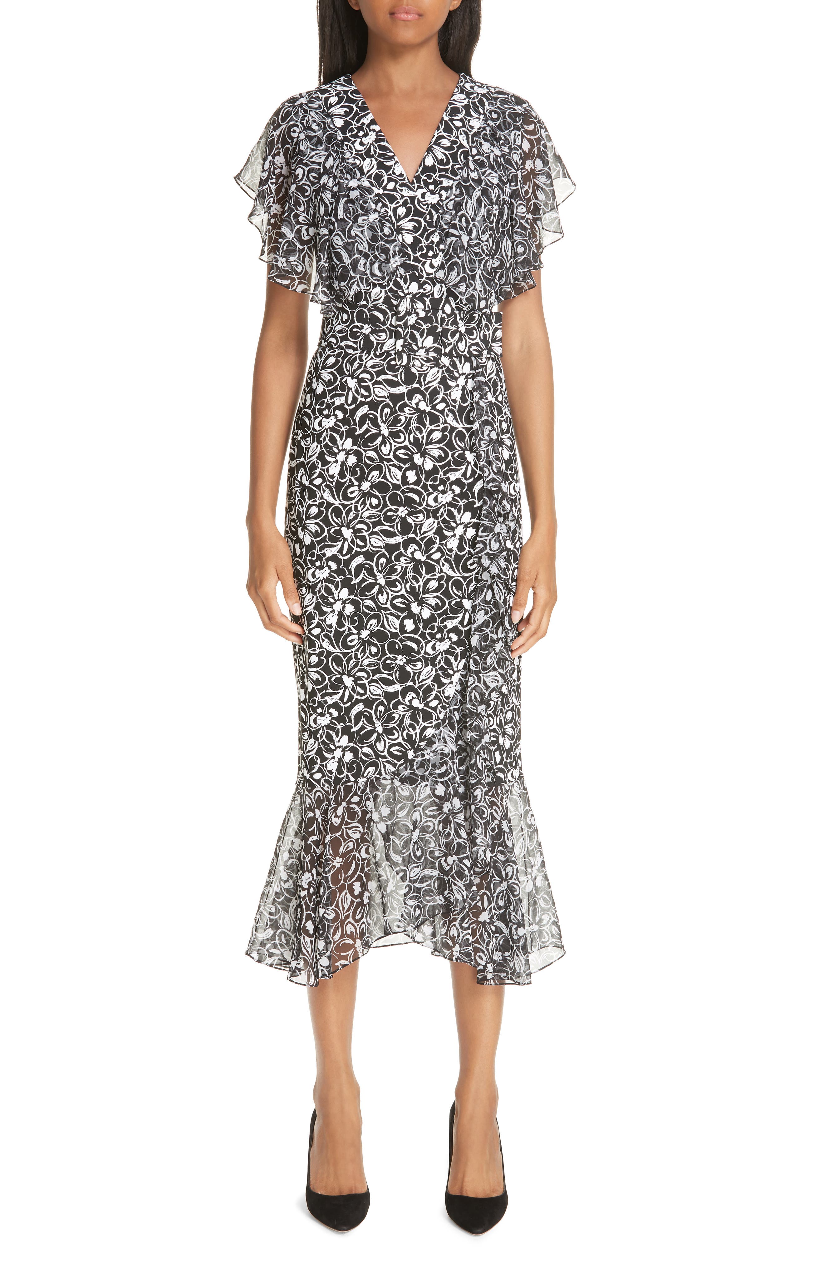Michael Kors Painterly Floral Belted Ruffle Trim Dress, Black