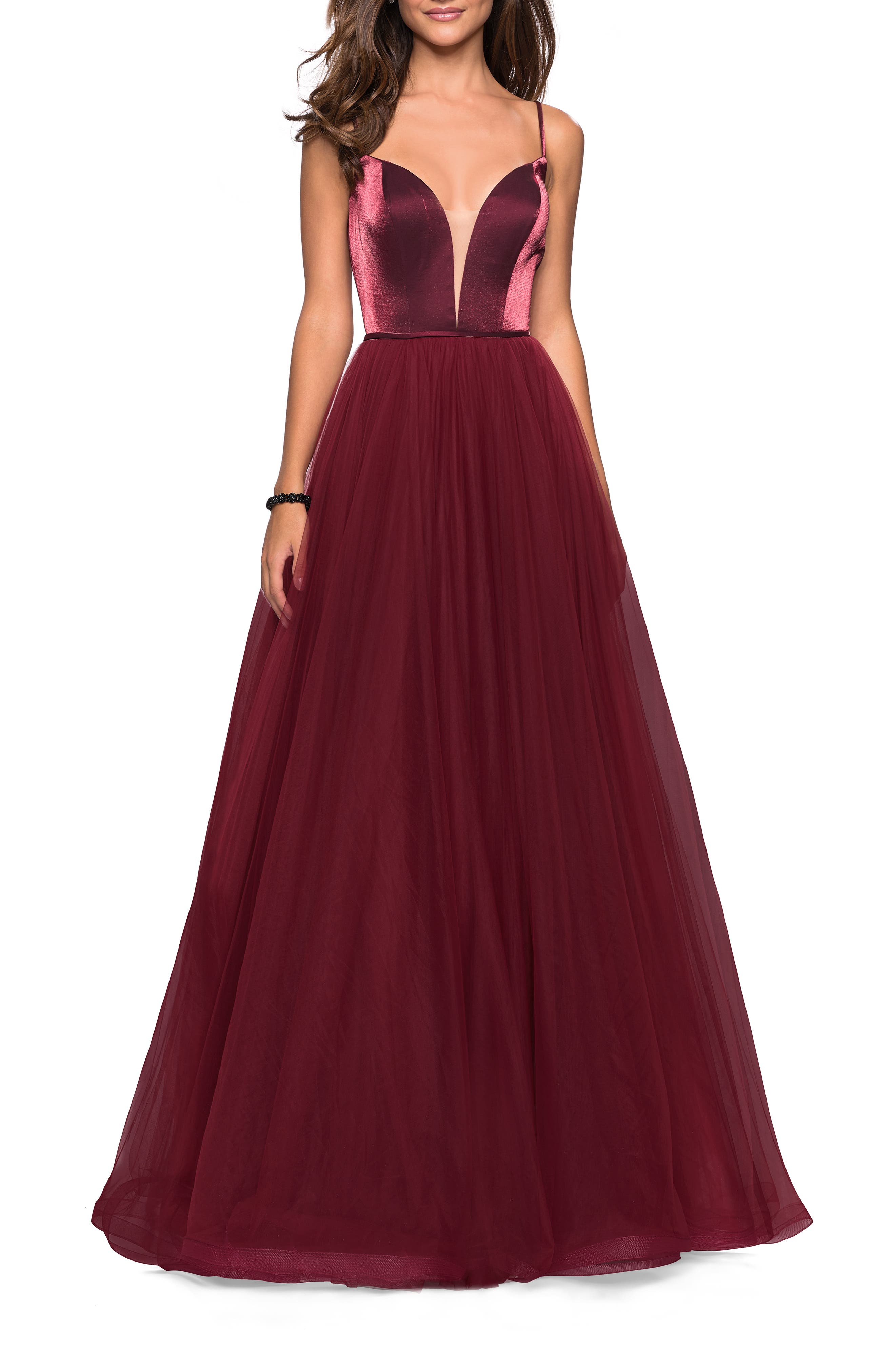 La Femme Velvet & Tulle Evening Dress, Burgundy