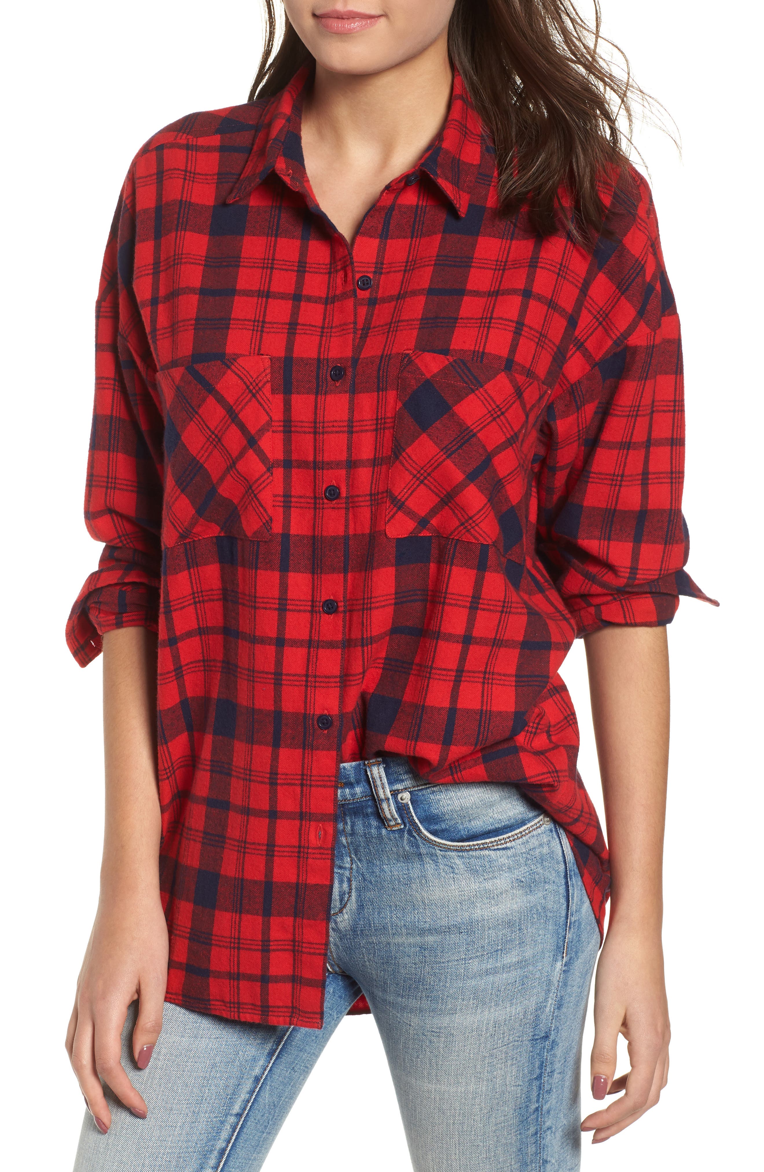 Bp. Plaid Flannel Cocoon Shirt, Red