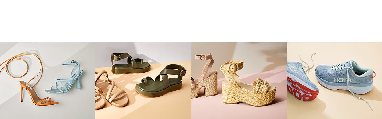 Sneakers, platform sandals, strappy flat sandals and strappy high-heel sandals.