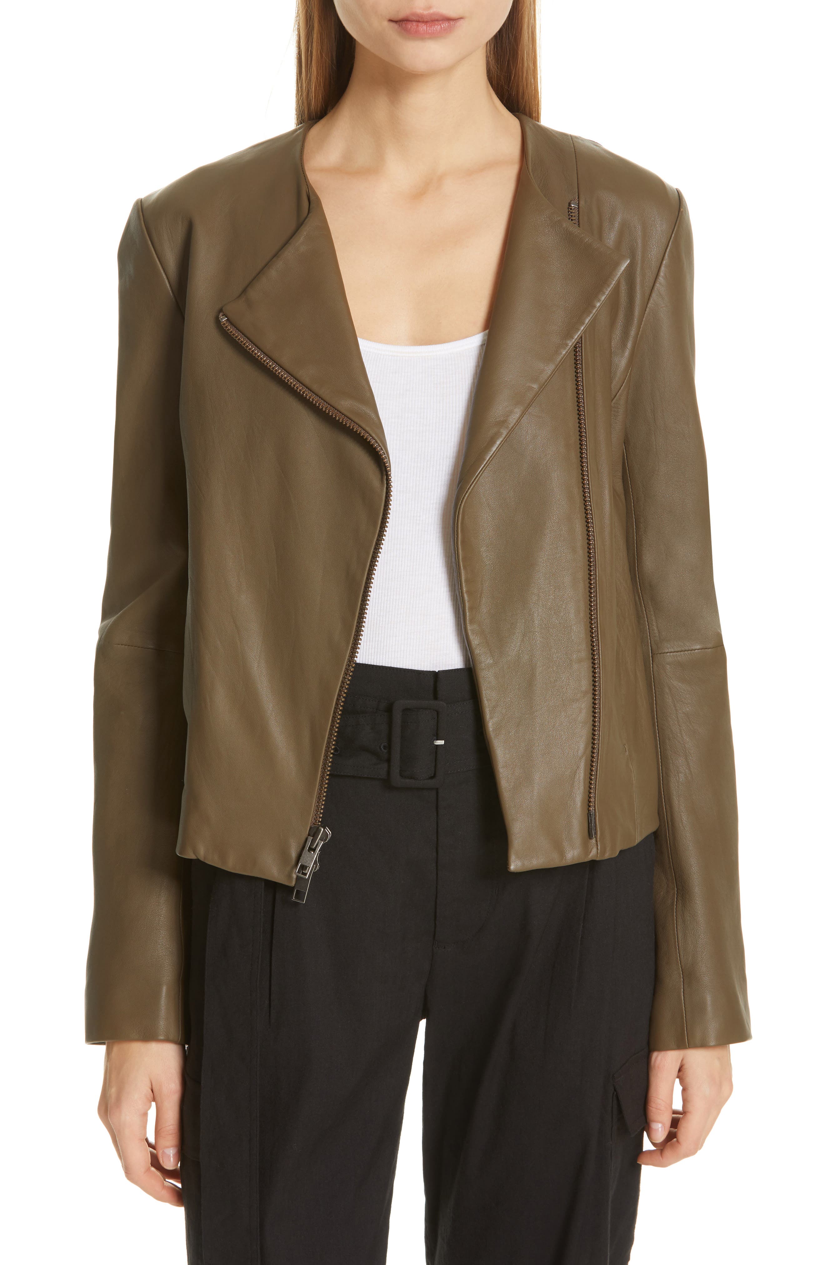 Vince Cross Front Leather Moto Jacket In Olive Wood Modesens Vince Cross Front Leather Moto Jacket In Olive Wood
