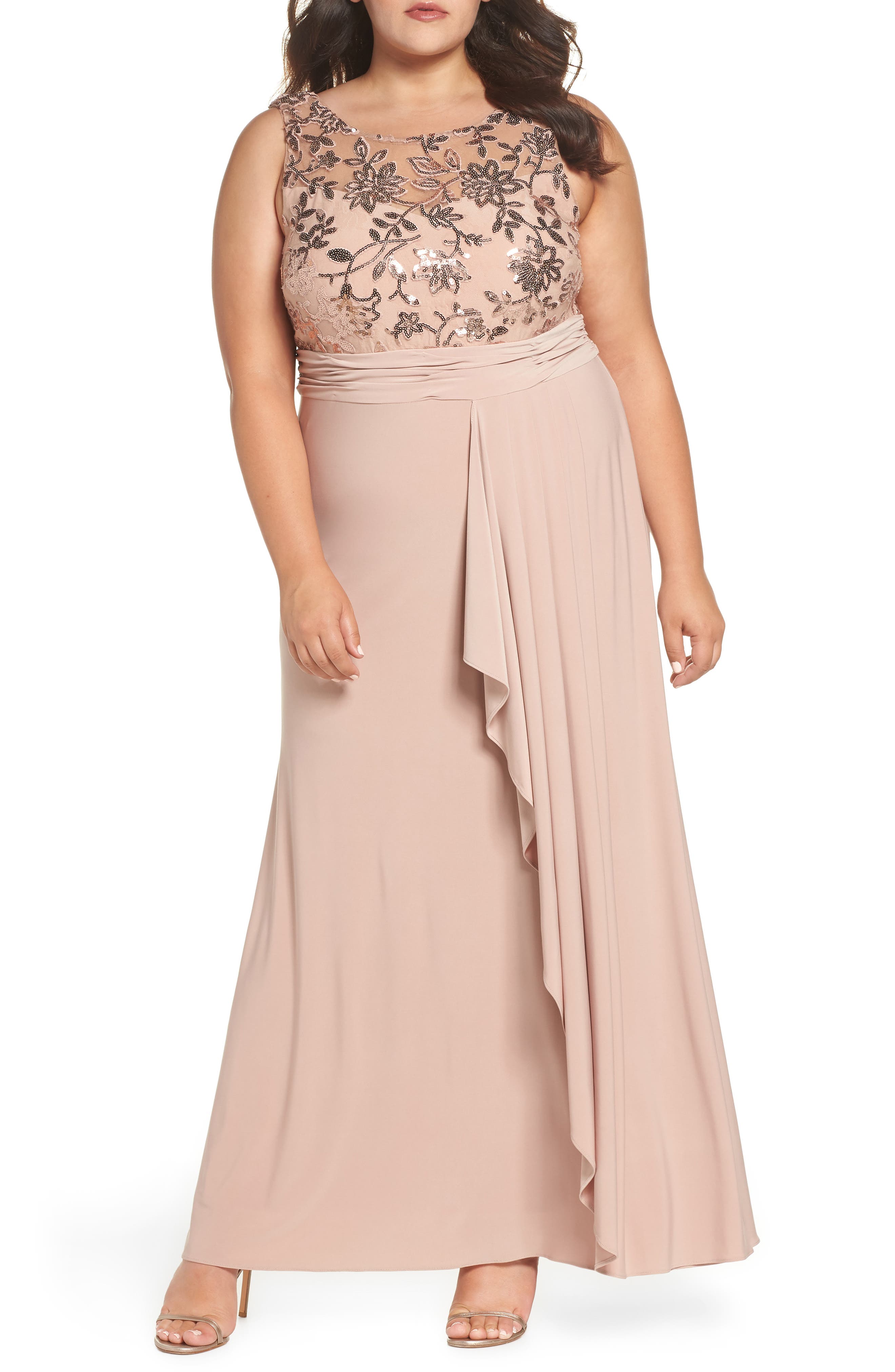 Plus Size Morgan & Co. Sequin Lace Bodice Ruffle Skirt Knit Gown, Pink