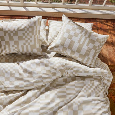 Bedding with a mix of check patterns.