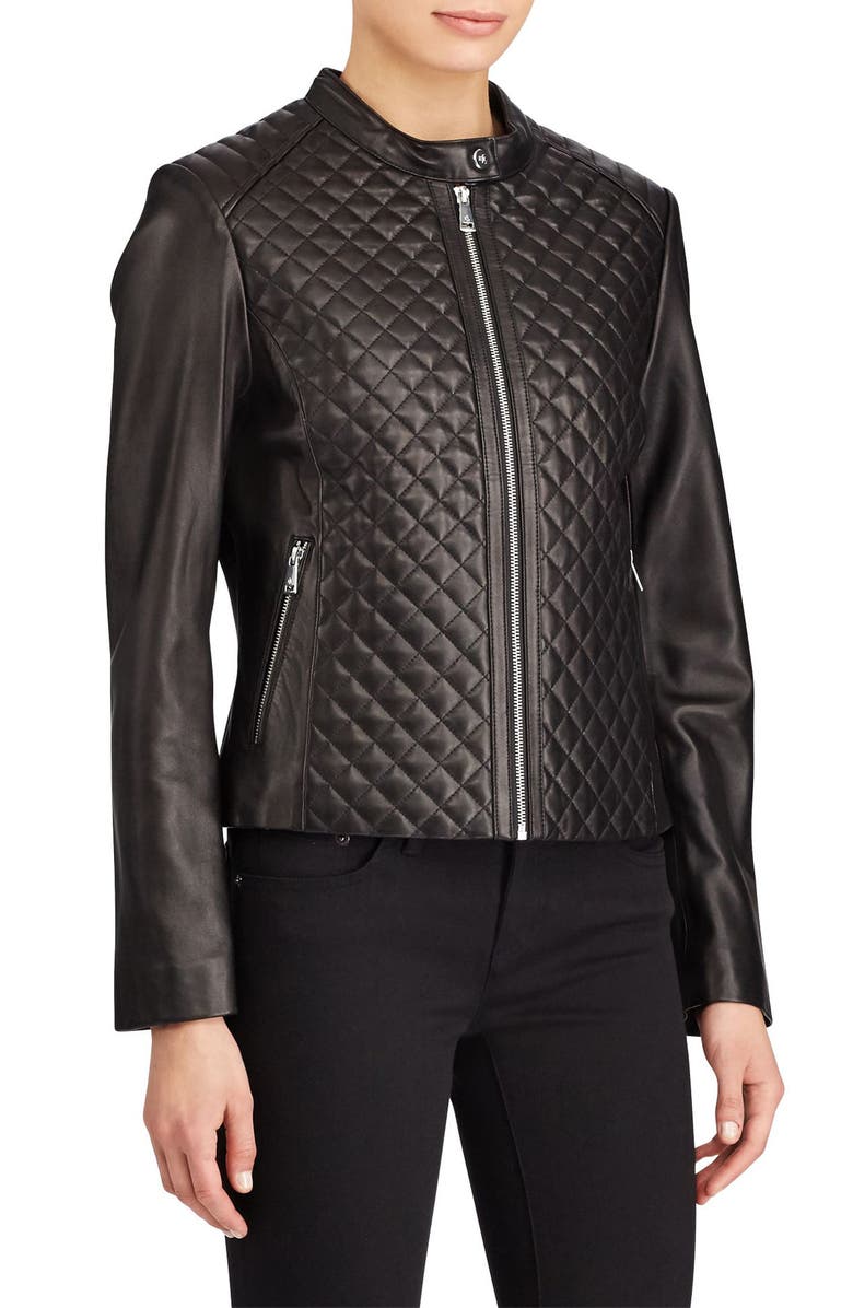 Lauren Ralph Lauren Quilted Detail Lambskin Leather Jacket (Regular ...