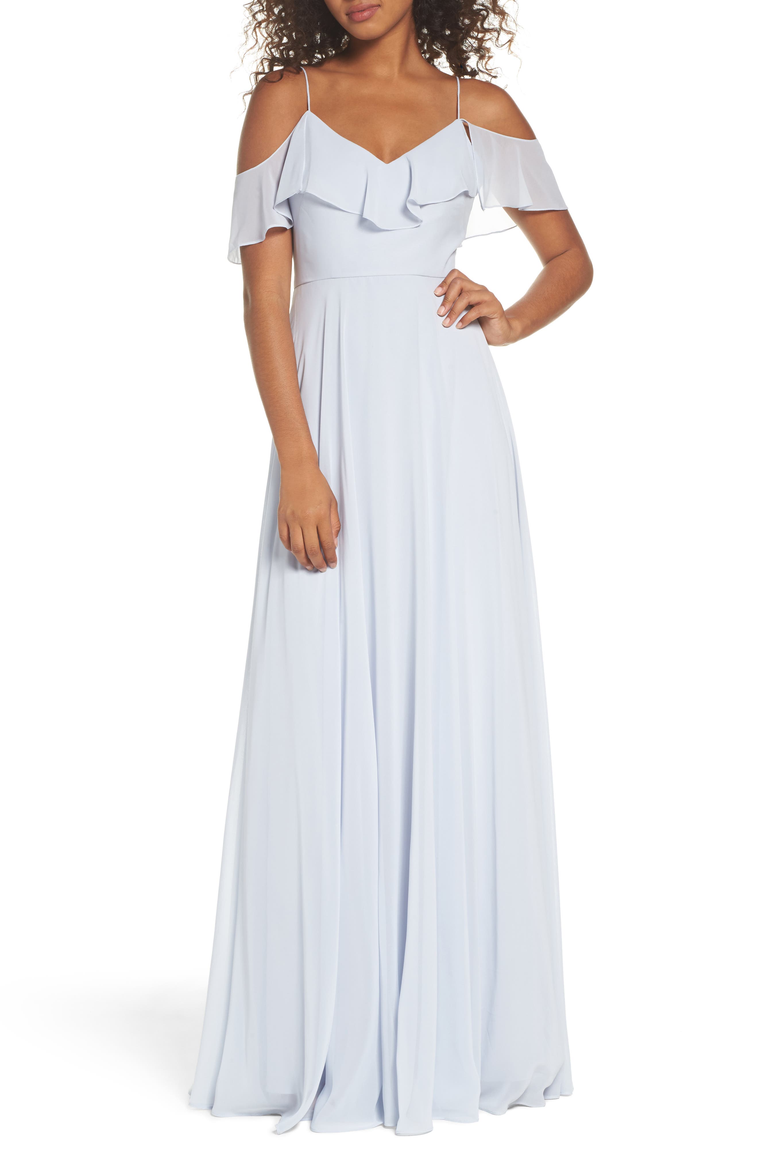 Jenny Yoo Cold Shoulder Chiffon Gown, Blue