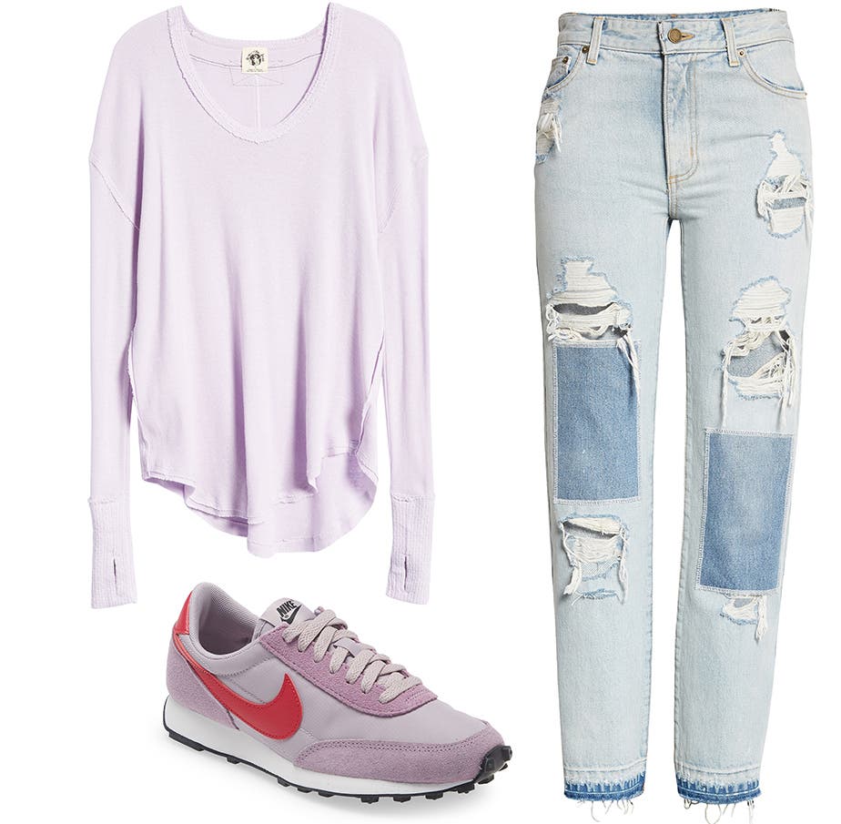 An outfit collage consisting of distressed denim, a lavender long-sleeve top and sneakers.