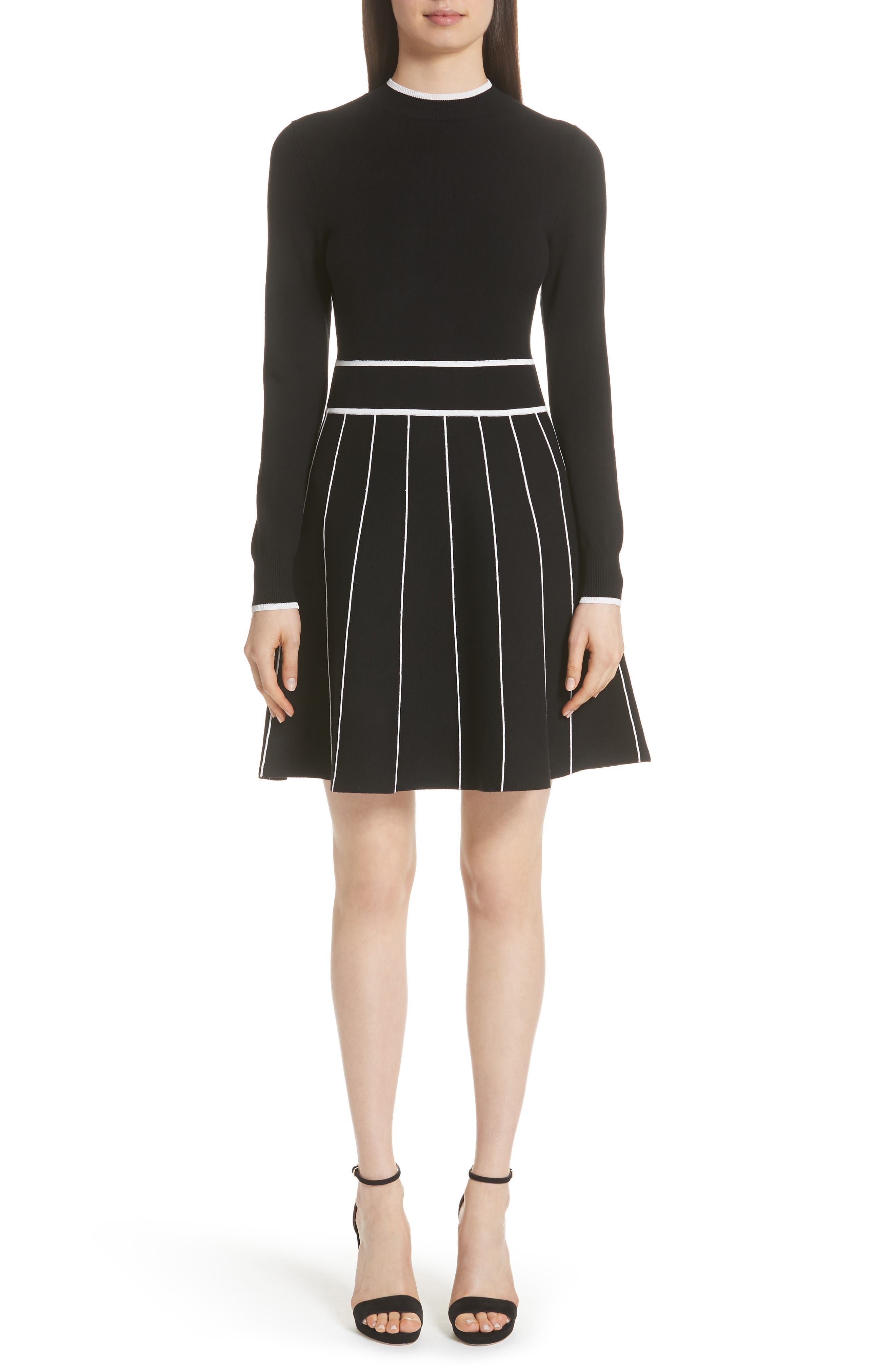 Lela Rose Stripe Knit Fit & Flare Dress, Black