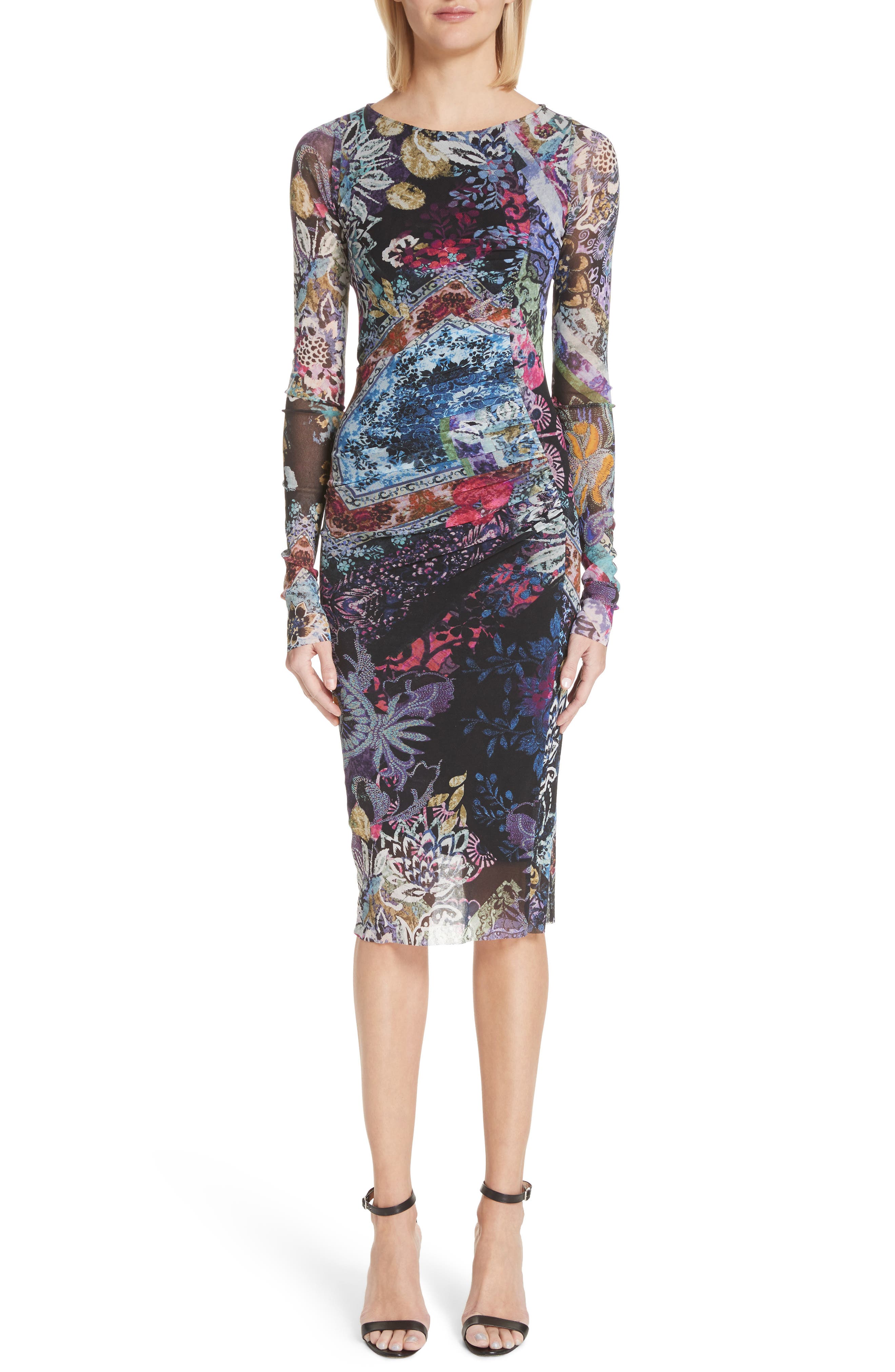 Fuzzi Floral Patchwork Print Long Sleeve Tulle Dress, Black