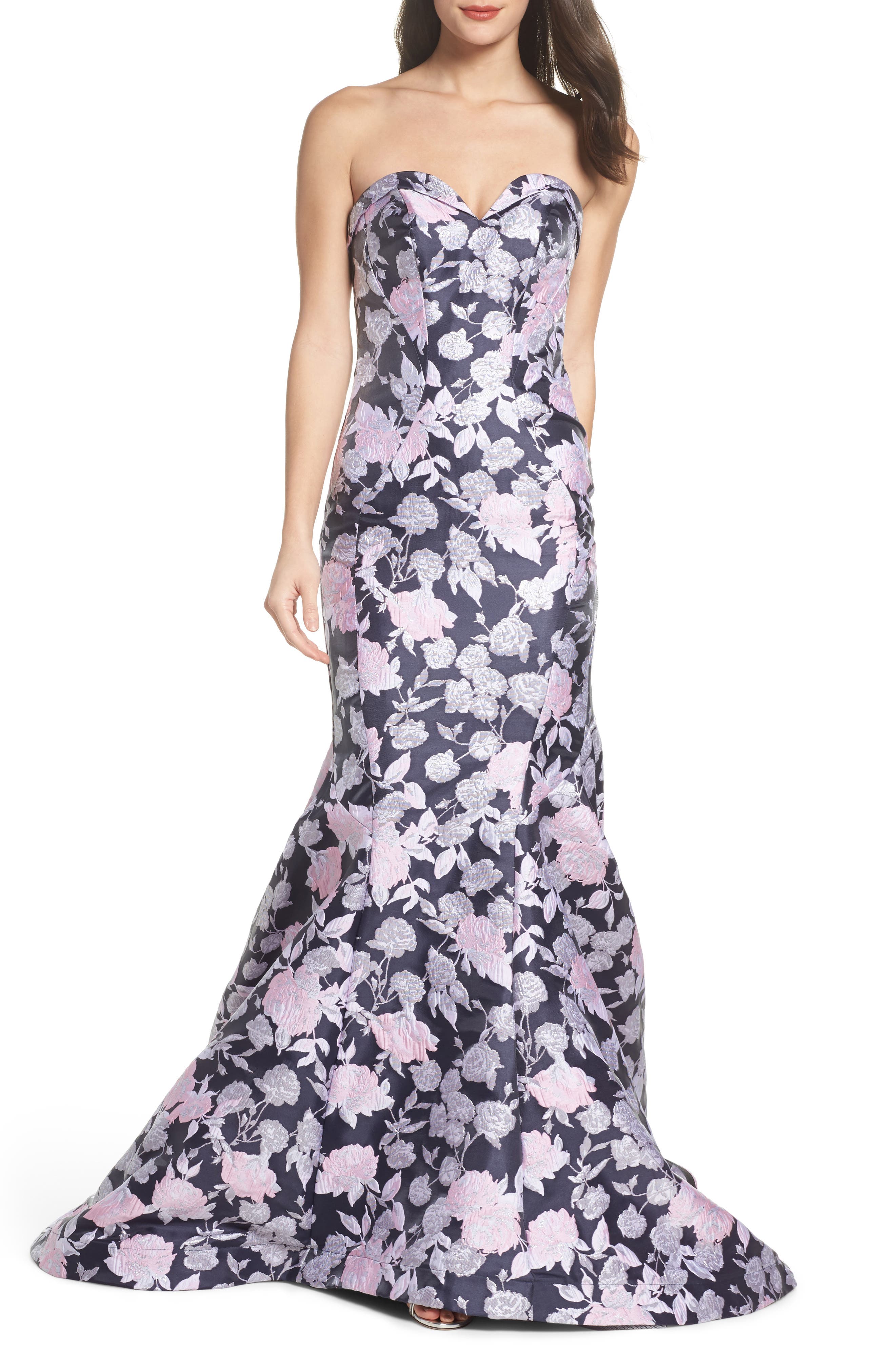 MAC Duggal Floral Jacquard Strapless Mermaid Gown, Blue
