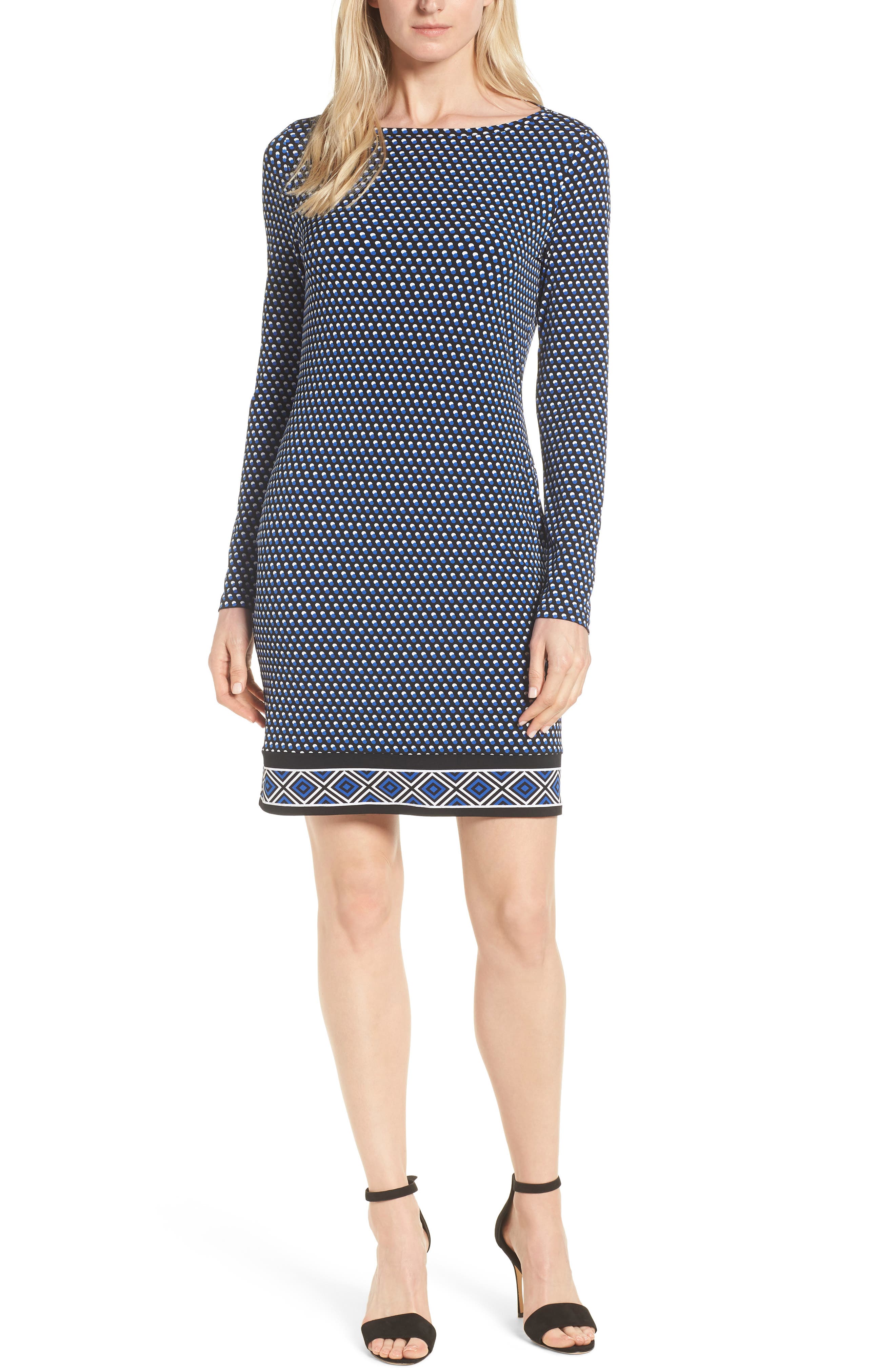 Michael Michael Kors Alston Boatneck Contrast Border Print Dress, Blue